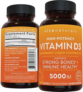 Viva Naturals Vitamin D3 5000 IU Softgels - 360 Count 125 mcg Softgel, Essential D3 Vitamin, Supports Bone Health, Immune Support, Premium Vitamin D, High Potency Vitamin D 5000 IU