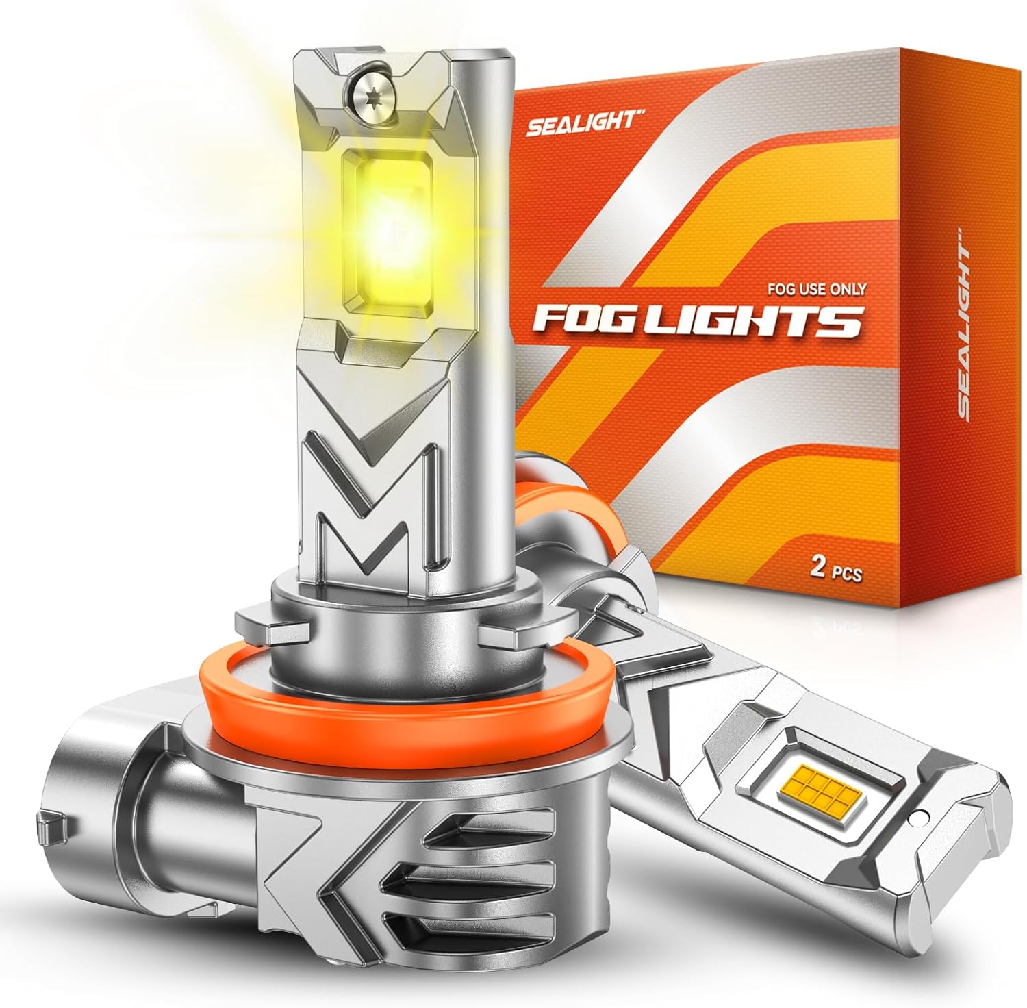 SEALIGHT H16 H11 H8 LED Fog Light Bulb Yellow, 17000 Lumens 800% Brighter, Enhanced Penetration in Fog Rain and Snow, Amber Yellow H11 LED Fog Lights, 1:1 Mini Size Plug and Play, Pack of 2