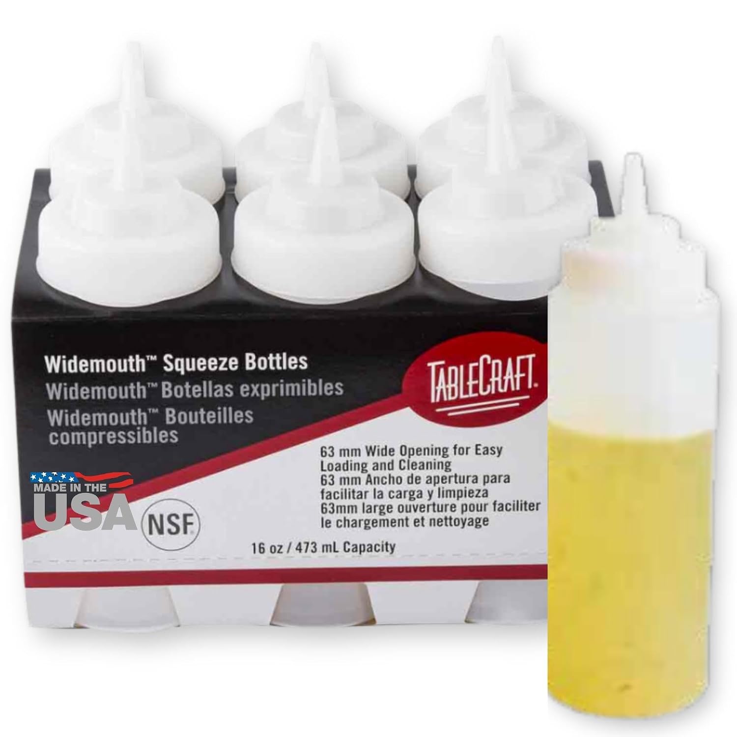 TableCraft C11663C Widemouth Squeeze Bottles, 16 Ounces, White, Polyethylene, Pack of 6, Large 63mm Opening for Easy Filling, Standard Cone Tip, Dishwasher Safe, NSF Approved, Made in USA