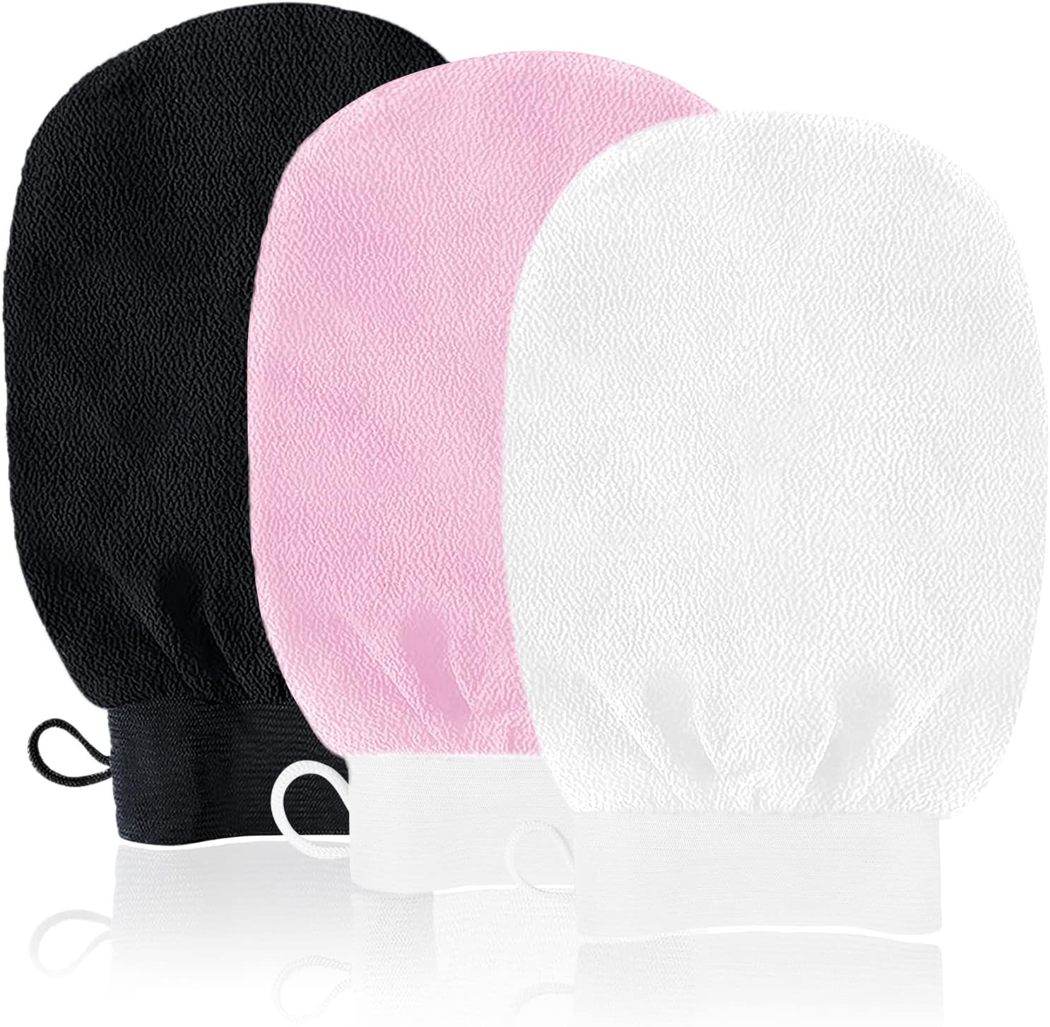URAQT Exfoliating Gloves, 3 Pack Body Scrub Glove Bath SPA Exfoliating Mitts, Dual-Sided Deep Clean Exfoliation Scrubbing Mitt, Dead Skin Remover Glove Deep Body Scrubber(White+Pink+Black)