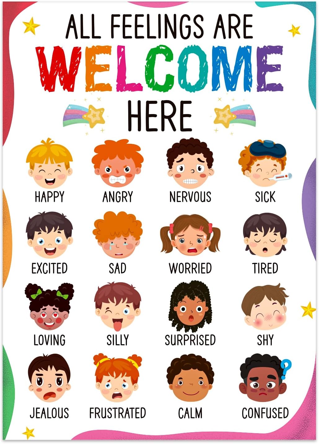 BIZIBAFF Feelings Chart Poster for Kids Toddlers - Emotions Learning Poster Educational Preschool Posters for Classroom Bulletin Board Decorations Back To School Teacher Supplies