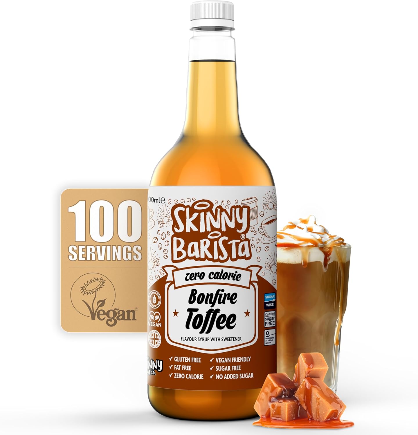 Skinny Food Co Bonfire Toffee Syrup Zero Calorie 1L - Sugar Free Coffee Syrup For Tea, Hot Chocolate, Fruit, Baking, Protein Drinks - Vegan-Friendly, Gluten-Free & Fat-Free
