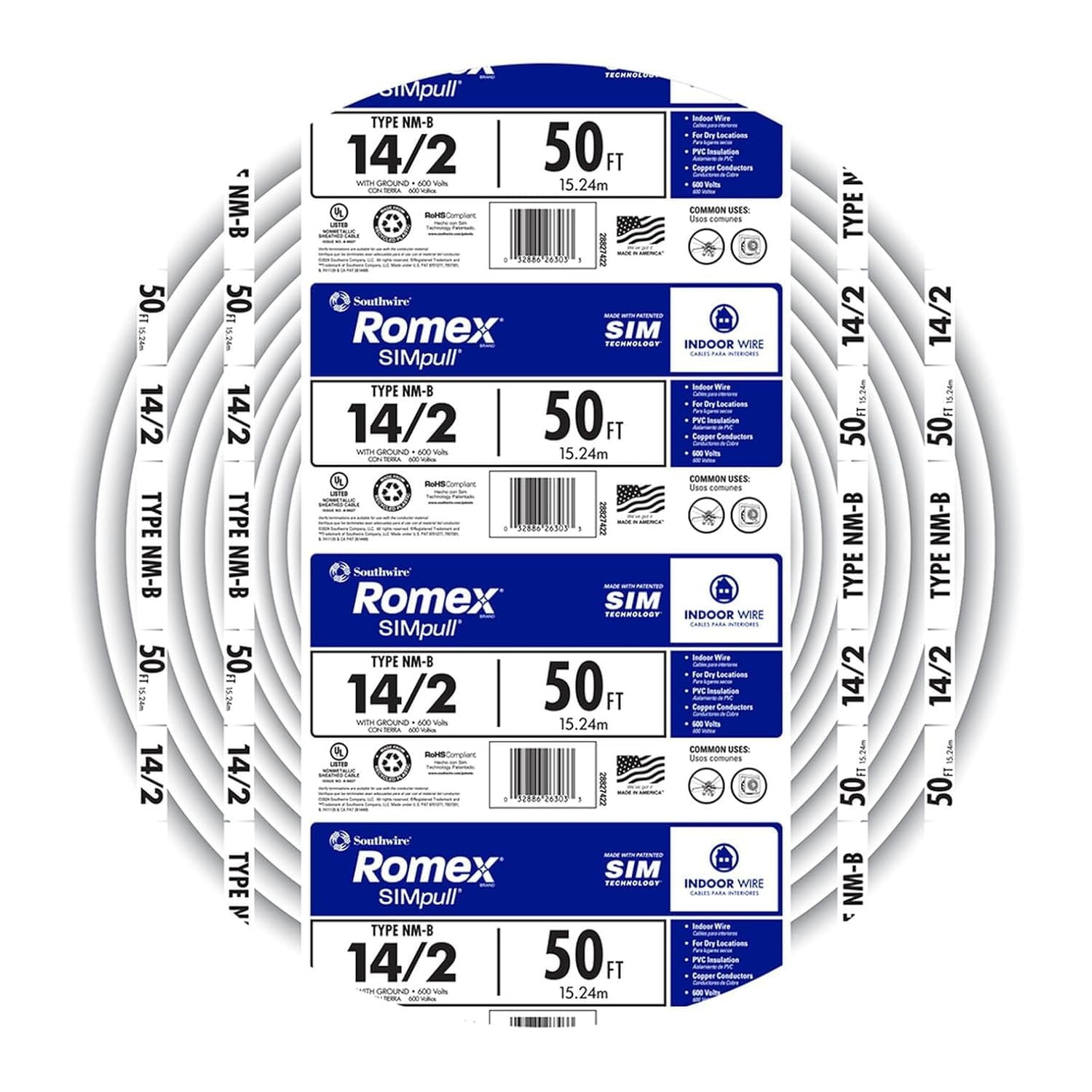 Southwire Romex Brand Simpull™ Solid Indoor 14/2 W/G NMB Cable 50ft coil - SW# 28827422
