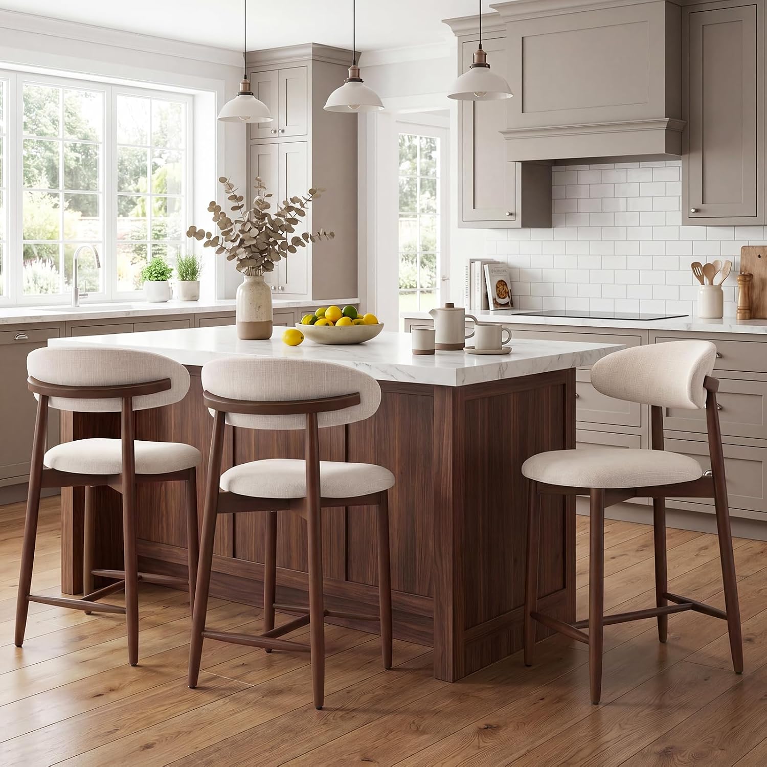 MALOL Counter Height Bar Stools Set of 3, Kitchen Bar Stools with Back, Mid Century Modern Upholstered Barstools with Wood Legs for Kitchen Island, Beige