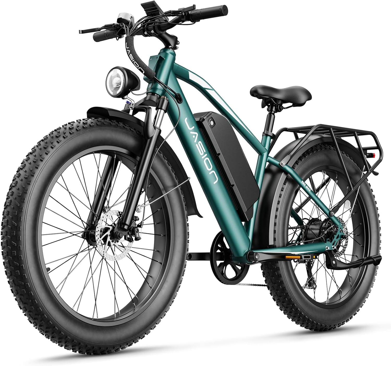 Jasion EB5 MAX Electric Bike for Adults with 1500W Peak Motor, 48V 15Ah (720Wh) Battery Electric Mountain Bike, 26'' x 4'' Fat Tire Ebike, 28+MPH Speed, Cruise Control, with Fenders, Rear Rack