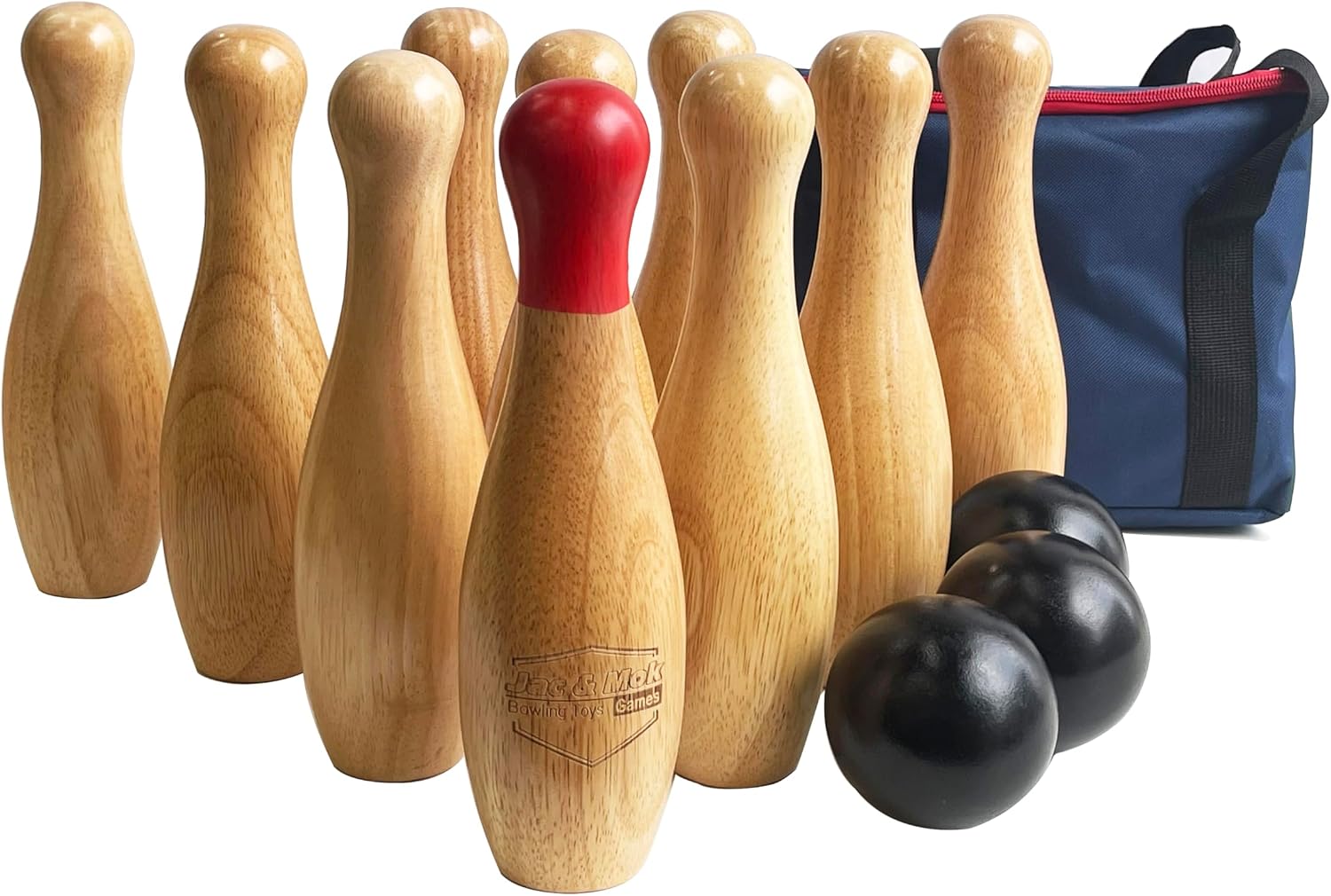 Wooden Skittles Boowling Games Set in Carry Bag (natural, 26cm-High)