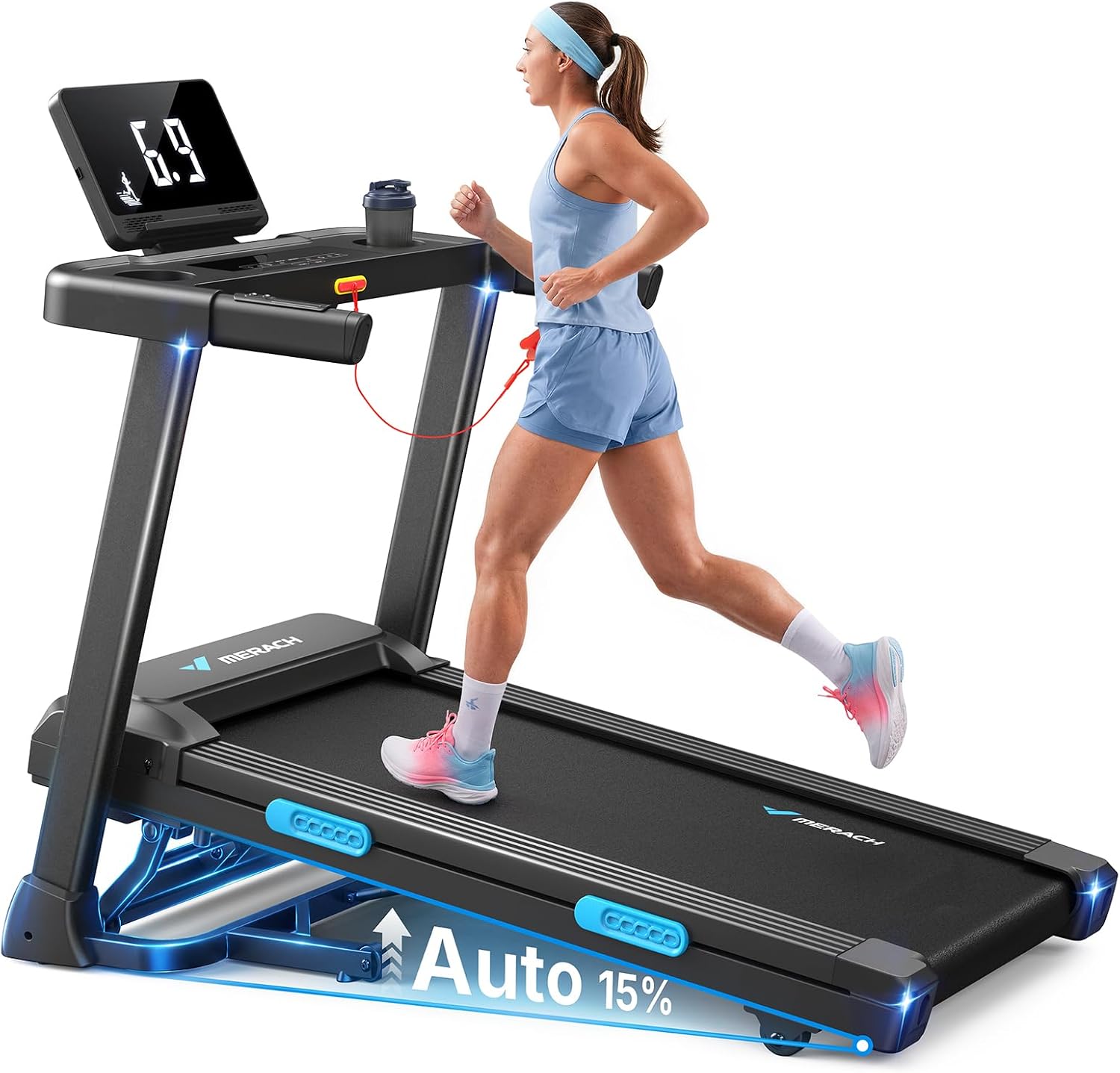 MERACH Performance Folding Treadmill for Home, Heavy-Duty Reinforced Steel Frame, 15% Auto Incline, 0.8–12 km/h, Multi-Layer Cushioning, Quiet Motor, Fitness App, LED Display, 136kg Capacity