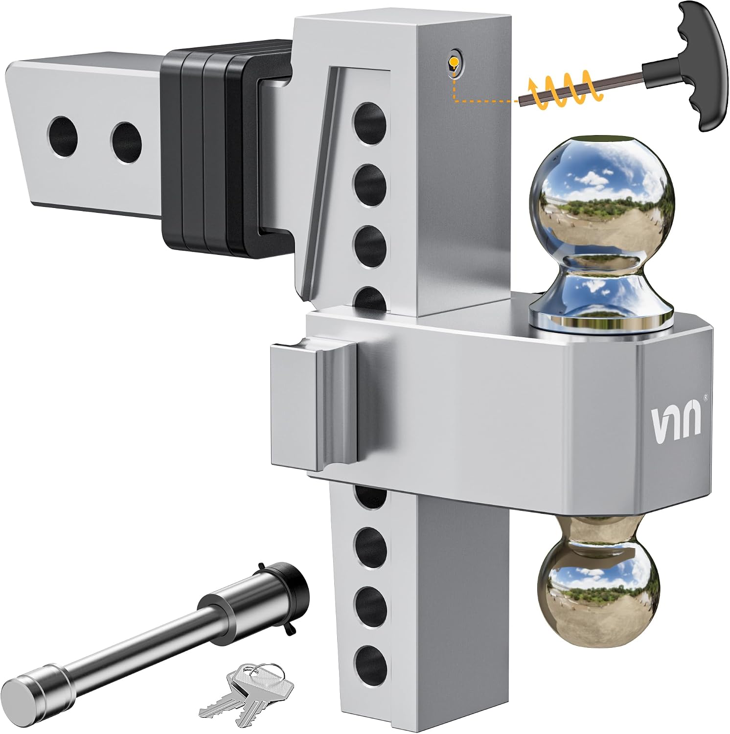 VNN Adjustable Drop Hitch – Dual-Ball (2'' & 2-5/16'') Trailer Hitch for 2.5-Inch Receiver, 8-Inch Drop, 18,500 lbs GTW, Heavy-Duty Ball Mount for Trucks – Silver (VN0010)