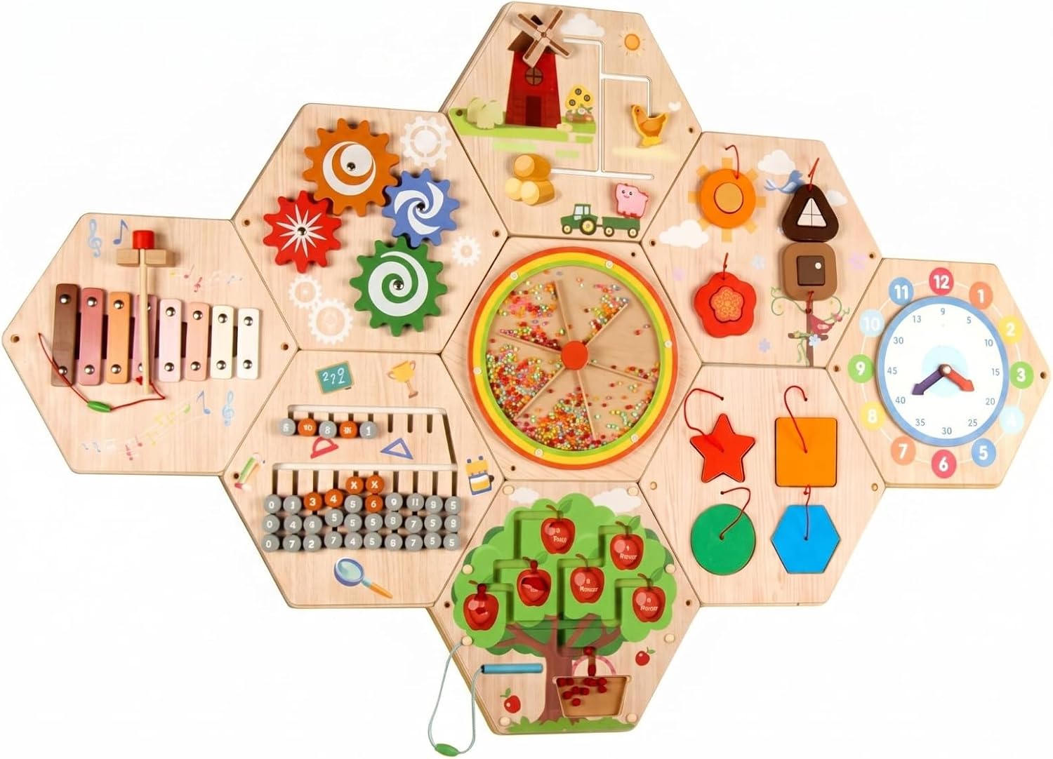 Colcolo Children Learning Board Wooden Early Learning Sensory Skills Panel Wall-Mounted Game Toy Suitable for Toddler Room, Hexagon Wall Game 4.5kg