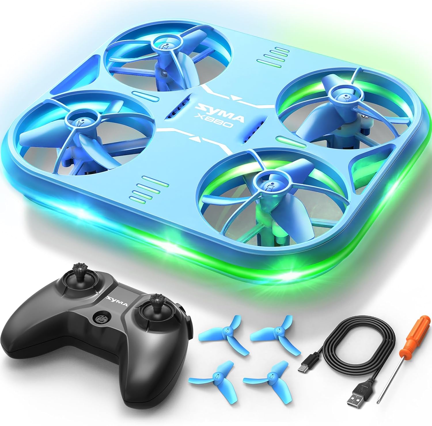 SYMA Mini Drone with LED Lights - X880 Stunt Quadcopter with 3D Flip, Altitude Hold, Headless Mode Kids Drone with Full Protection, Perfect Helicopter Toy Gift for Boys and Girls