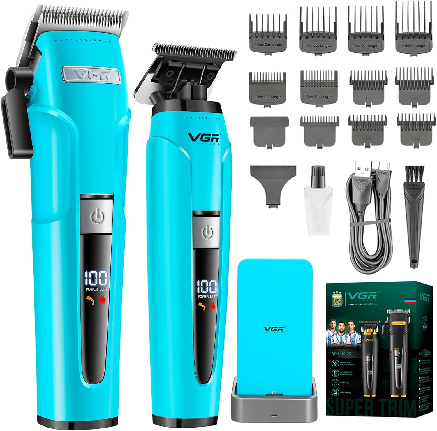 VGR 694S2 Professional Hair Clippers for Men - Cordless Barber Clipper & Trimmer Set with Charging Dock, 440 Min Runtime & LED Display - Rechargeable Hair Cutting Kit for Barbers & Home Use(Green)