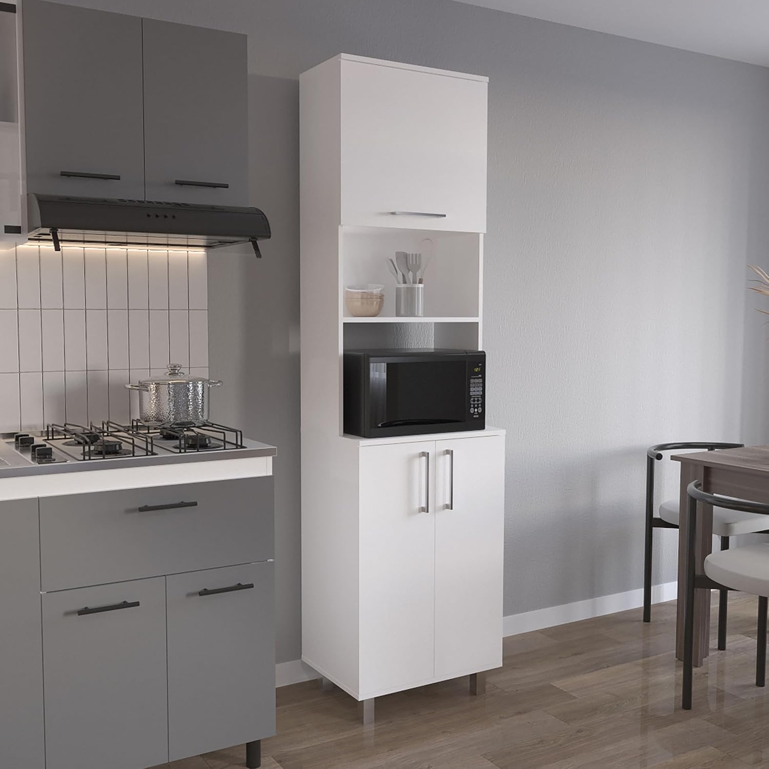 Maximize Storage with 80" High Double Cabinet Pantry, Six Shelves, Convenient Appliance Space, Modern White Design
