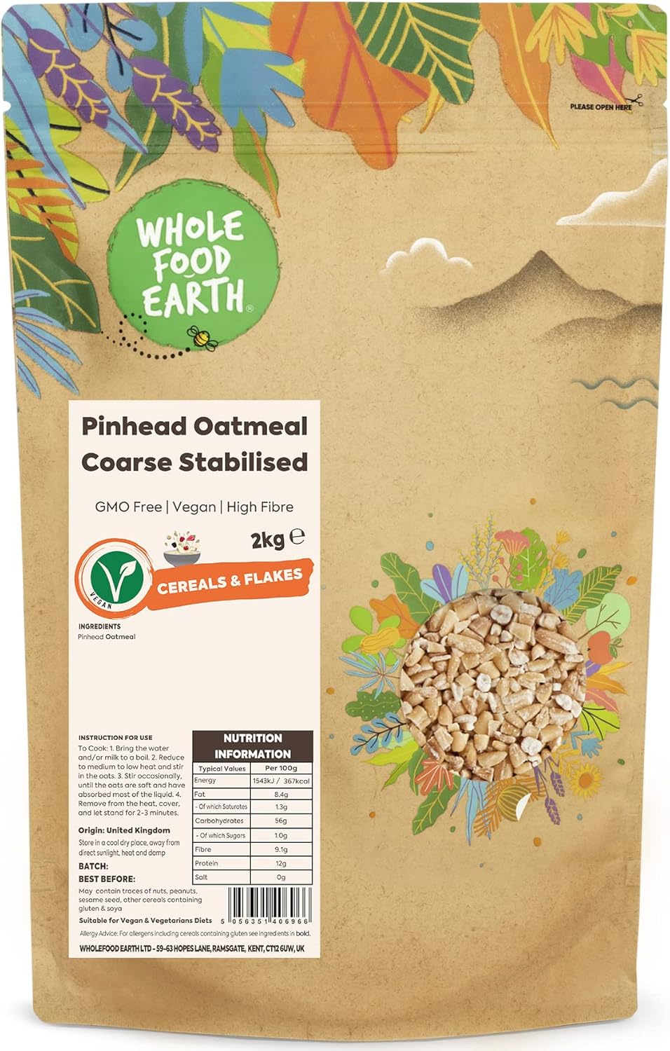 Wholefood Earth Pinhead Oatmeal Coarse Stabilised 2 kg | GMO Free | High Fibre (Packaging may vary)
