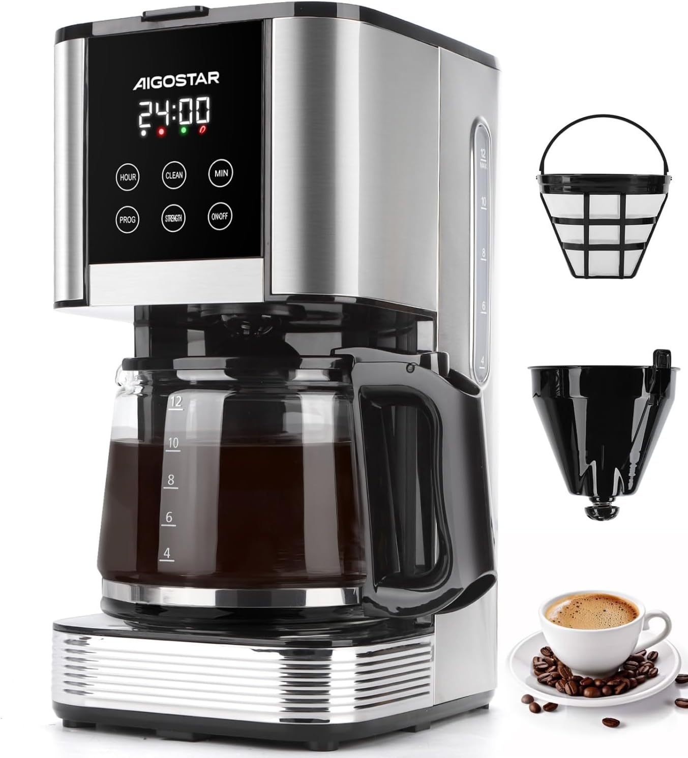 Aigostar Filter Coffee Machine with LED Touch Screen, 1.5L Programmable Coffee Maker with Timer, Regular & Strong Brewing, Pause & Serve, Keep Warm for 40min, Auto Clean, Stainless Steel, 1000W - Cora