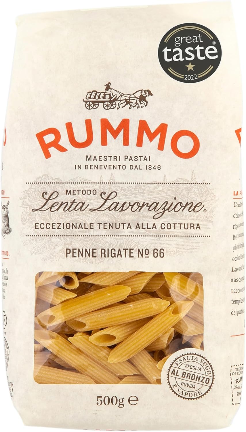 Rummo Italian Pasta, Ridged Penne Rigate No.66 - Great Taste Award Winner 2022, Ridged for a Perfect Bite, 500 g (Pack of 1)