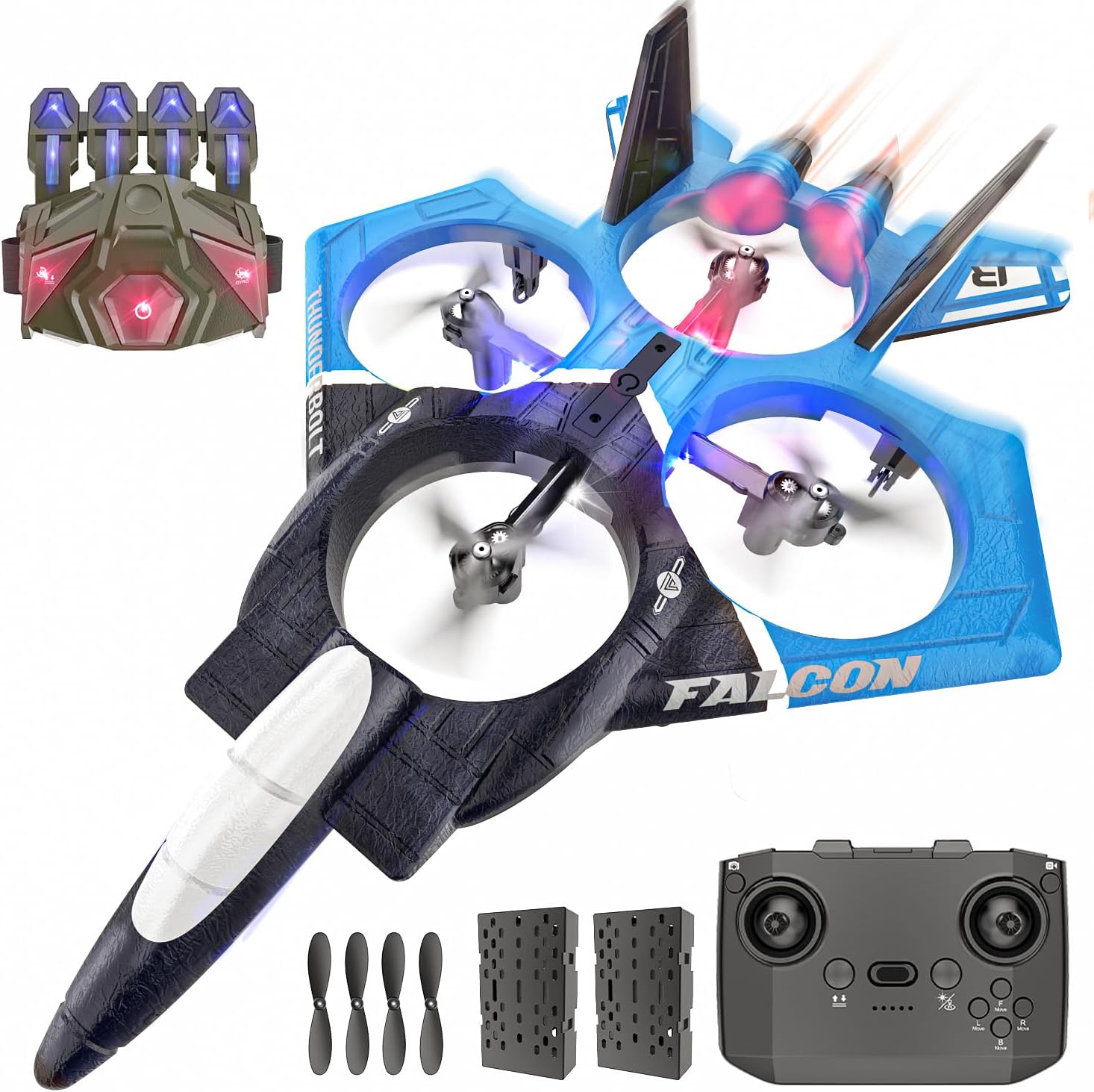BEZGAR RC Airplane - 2.4GHZ RC Plane, 6-axis Gyro Remote Control Airplane for Adult Kids Beginners, Gesture Control RC Helicopter, 360° Flip Fighter Jet Toy with Colorful LED Navigation Lights Blue
