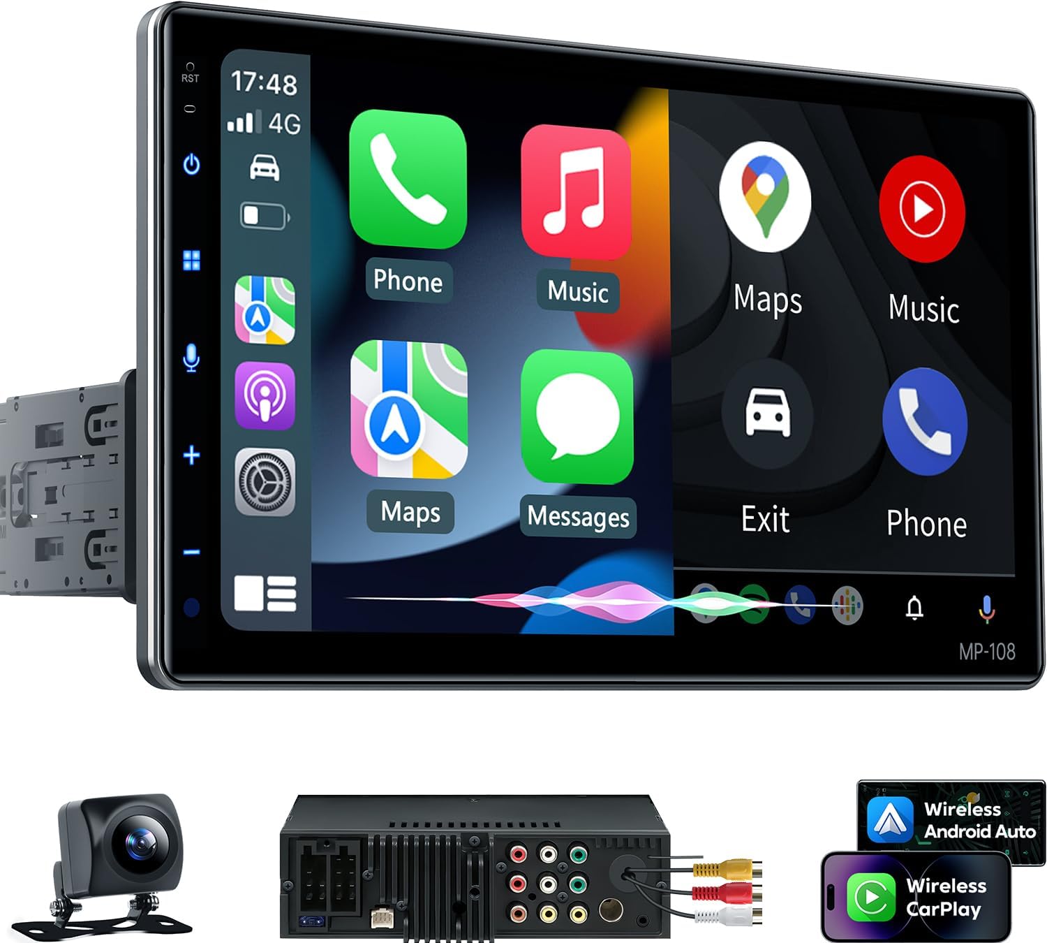PLZ 10.1" Wireless Single Din Car Radio Stereo with Apple Carplay Android Auto Touch Screen, Car Play Audio Receivers Headunit, Bluetooth 5.3, Backup Camera, 240W, 2 Subwoofers, Navigation, FM/AM, SWC