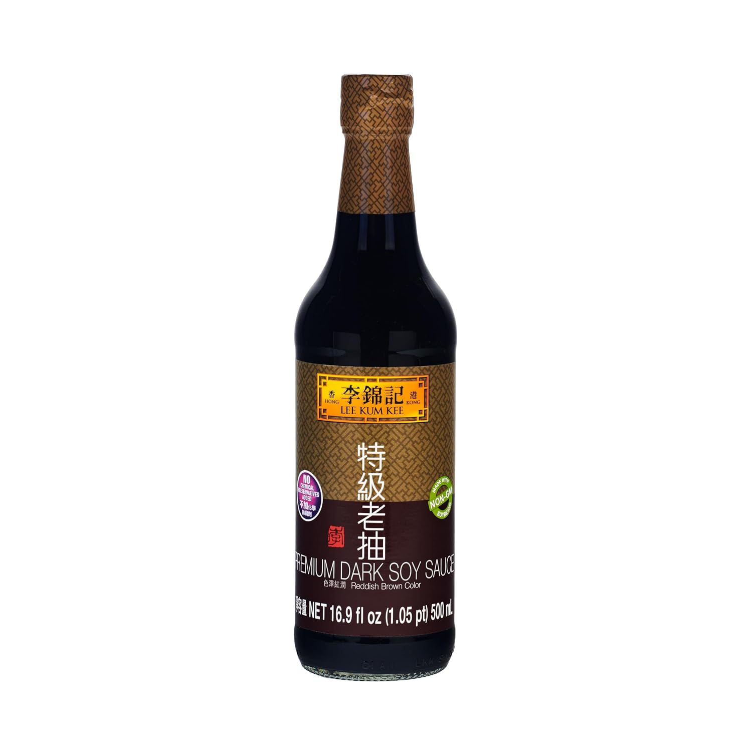 Lee Kum Kee Premium Dark Soy Sauce (16.9 oz - 1 Pack), Full-Bodied Naturally Brewed Soy Sauce, Non GMO Soybeans, Vegan, No MSG, Best for Adding Natural Colors to Stews, Gravies, Braised Dishes & Stir-Fried Noodles