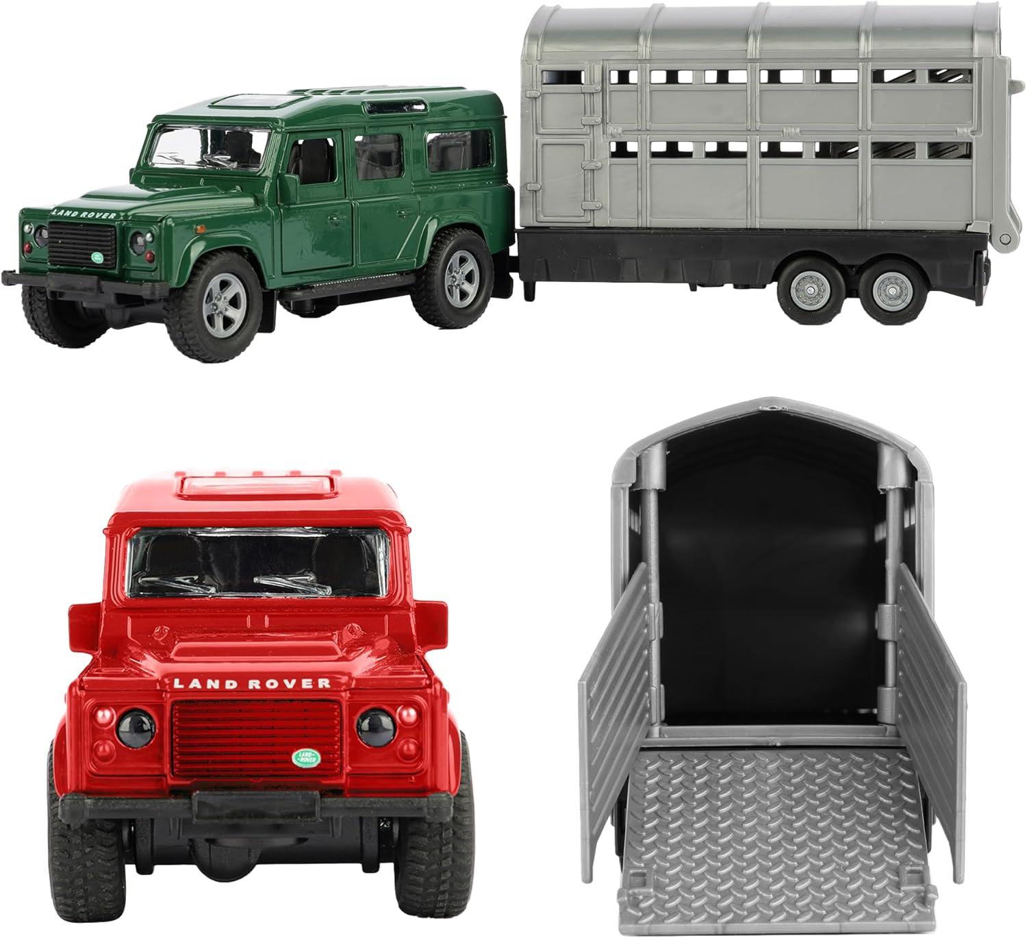 Navoys 4x4 Land Rover Toy Car with Livestock Trailer - 1:43 Scale, Die Cast Metal Construction, Silver Livestock Trailer, Intricate Details, Interactive Openable Doors, Farm Vehicle, Farming