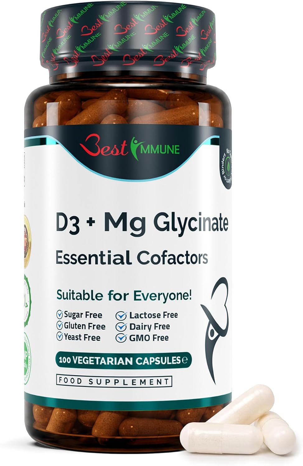 Best Immune, Magnesium Glycinate 400mg D3 1000IU Essential Cofactors Complex Premium Quality 100 Vegetarian Capsules Highest Bioavailability