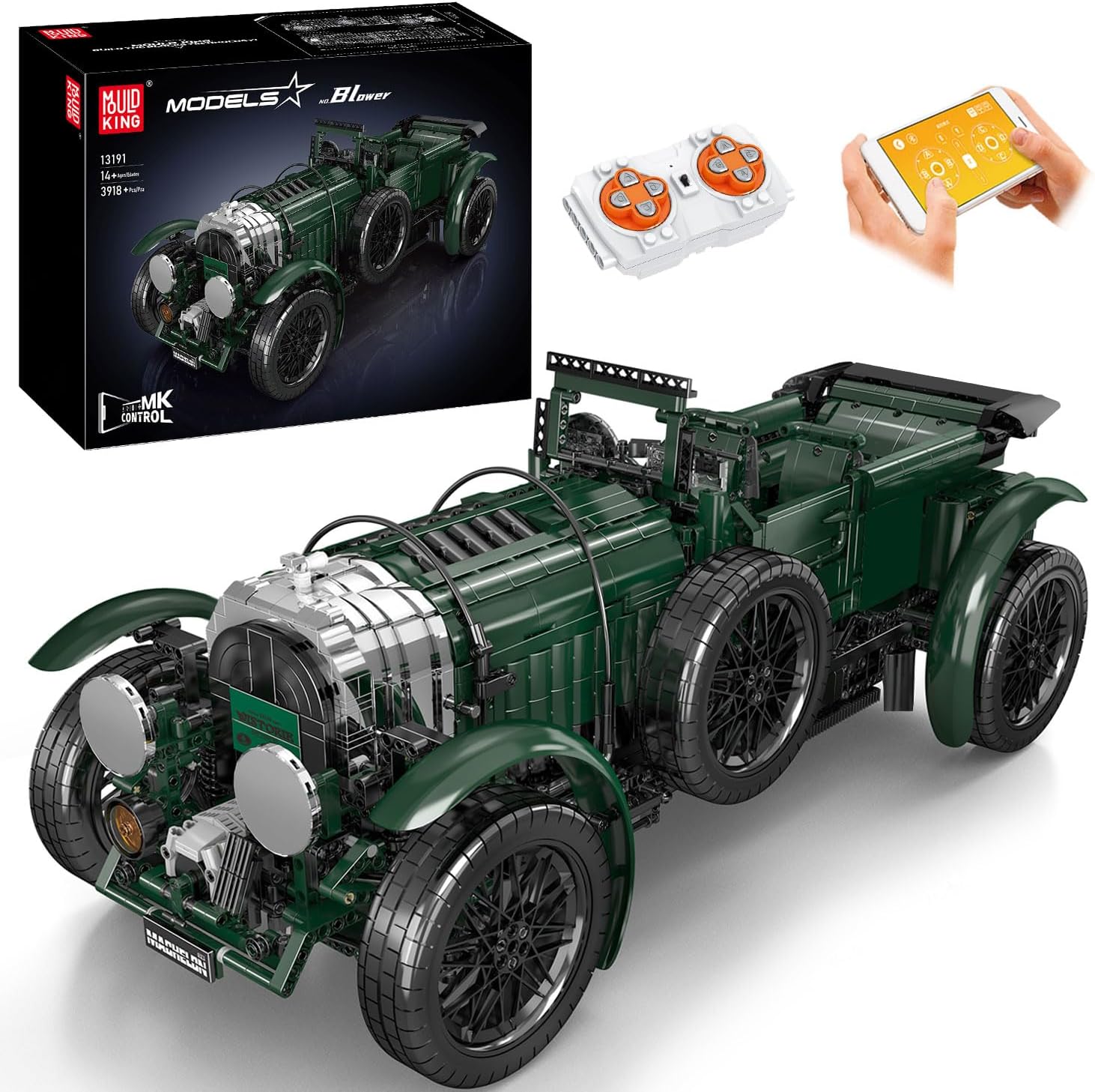 Mould King 13191 MOC Technik RC British Vintage Car Model Building Blocks Kit, Technology 1930s Blower Auto Clamping Block Kit, APP Control Electric Vintage Car Gift for Boys 8+/ Adults (3918+ PCS)