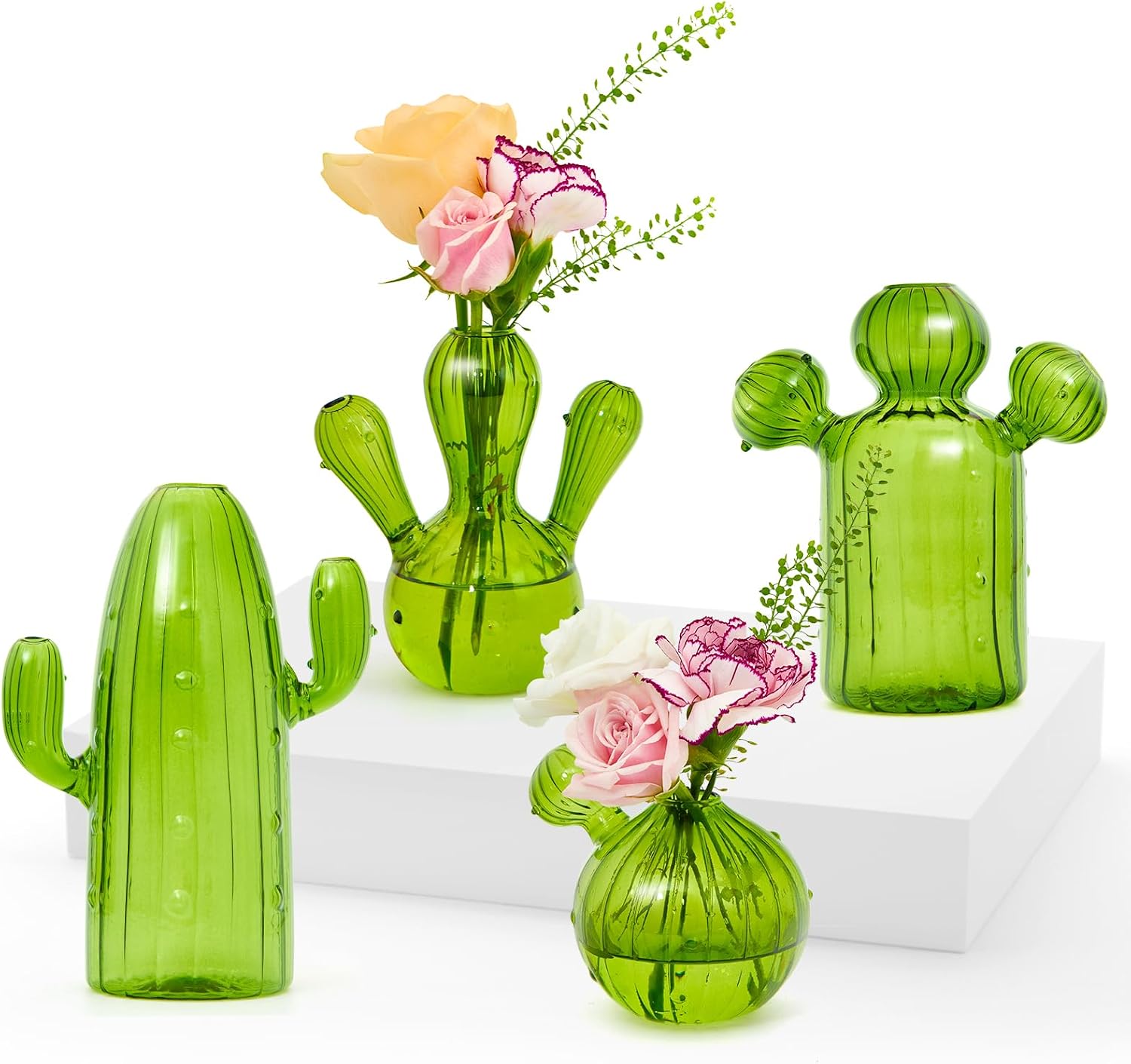 XXXFLOWER Plant Propagation Stations 4PCS Green Glass Bud Vase Small Flower Vases for Table Decoration Sweet Pea Vase in Bulk for Flowers Glass Cactus Gifts for Home Wedding Decor