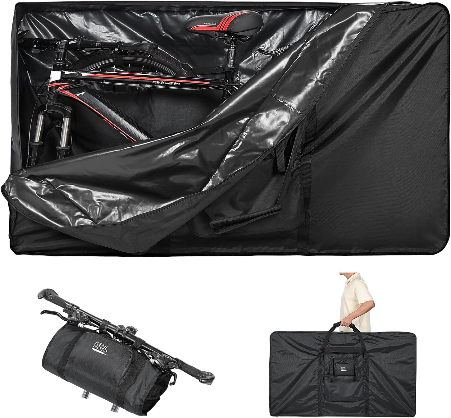 KEMIMOTO Bike Travel Bag Airplane for 26 to 29 inch Mountain Bicycle, 900D Heavy Duty Folding MTB Bike Box Case with Wheels Pack for Air Travel Flights, Water-resistant Cycling Transport Storage