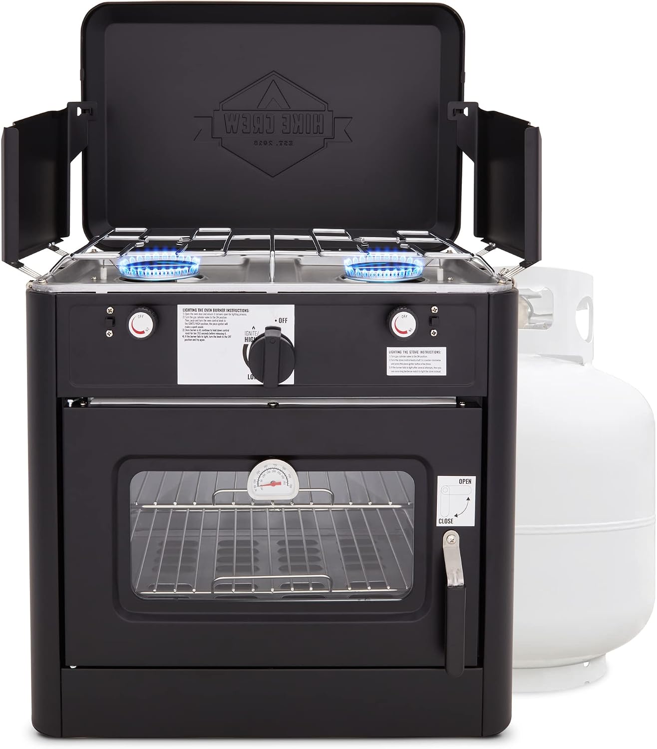 Hike Crew Outdoor Gas Camping Oven w/Carry Bag | CSA Approved Portable Propane-Powered 2-Burner Stove & Auto Ignition, Overheat Safety Shutoff, Built-In Thermometer Hose Regulator Included