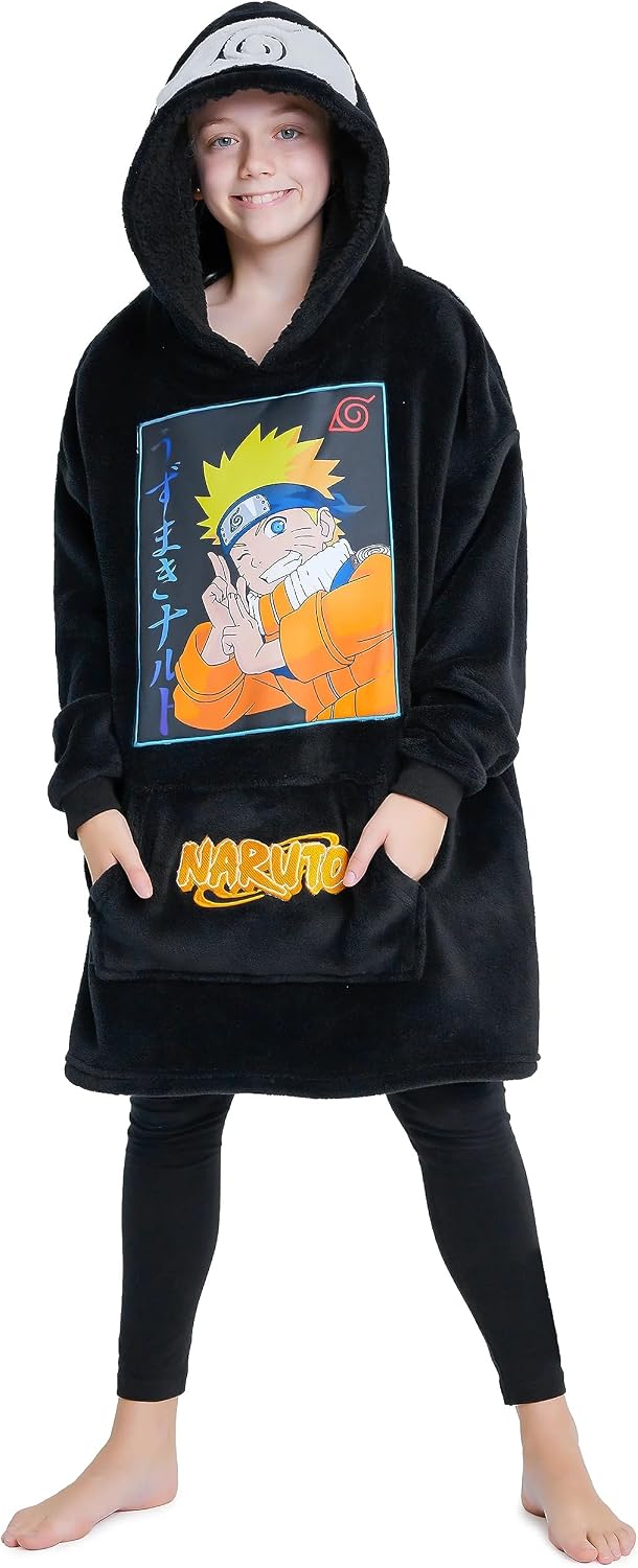 NARUTO Oversized Hoodie Blanket for Kids, Anime Hoodie for Boys (Black)