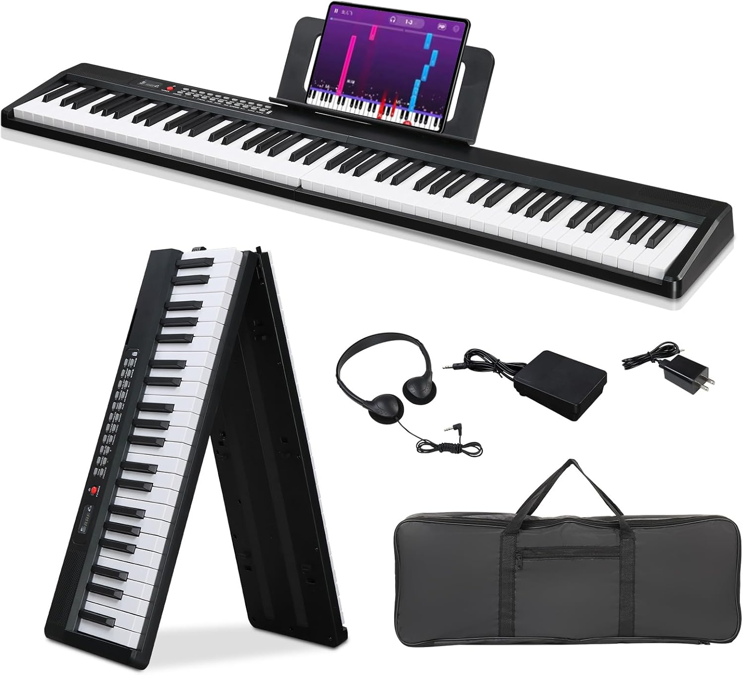 Ktaxon 88 Key Foldable Electronic Keyboard Piano, Semi-Weighted Electric Piano Digital Piano with Dual Bluetooth Mode, 1000 Rhythms, 1000 Tones and 50 Demos for Beginners Adults(Black)