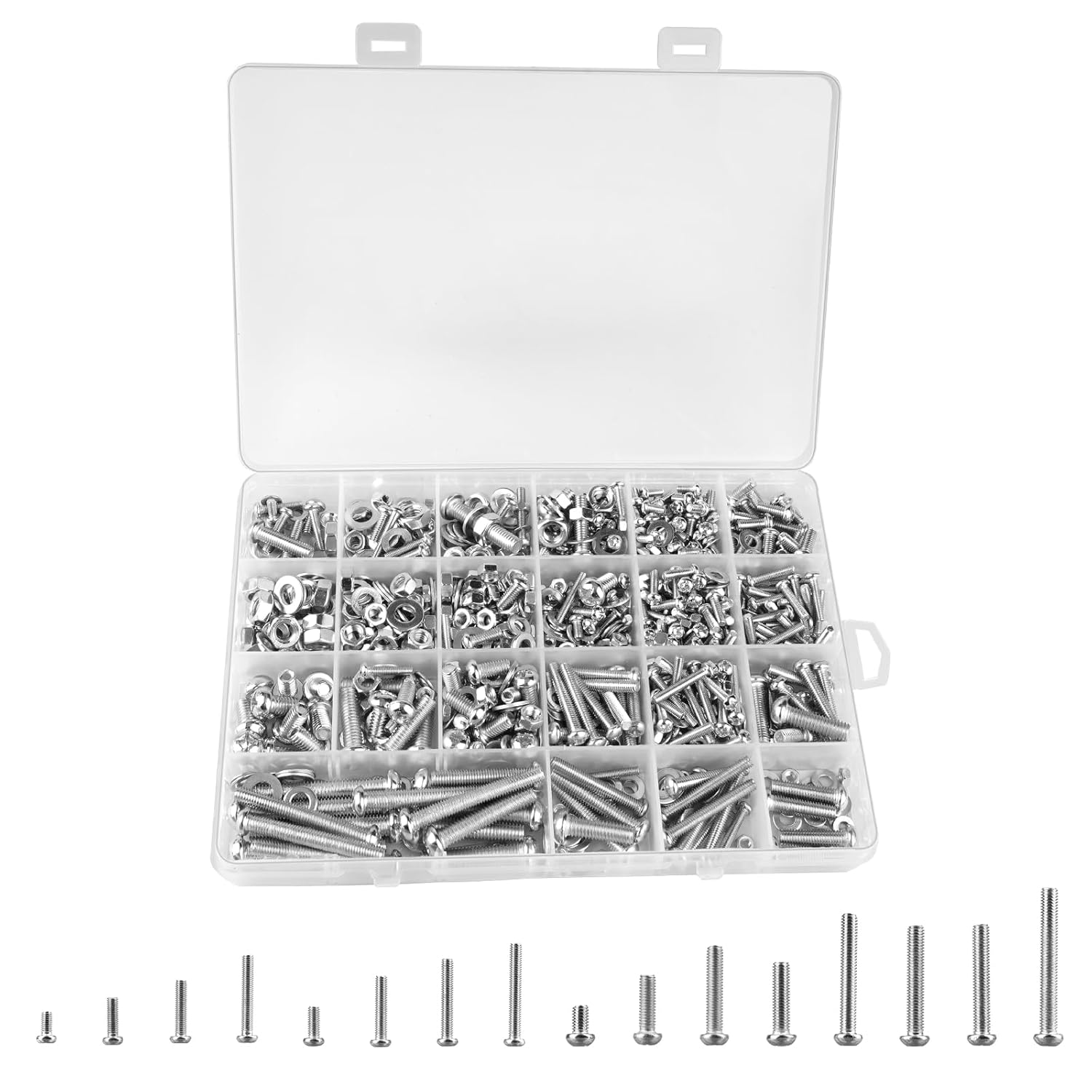 1080 Pcs Nuts and Bolts Flat Washers Assortment Kit,M3 M4 M5 M6 Round Head Cross Pan Head Screws and Hex Sets,Replacement Machine Fastener Screws Bolts Set with Box,16 Size