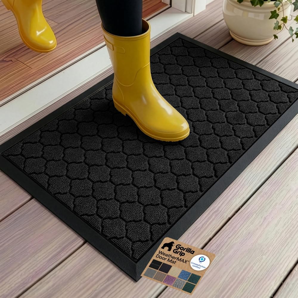 GORILLA GRIP WeatherMAX Door Mat, Indoor Outdoor, 47x35, Black Quatrefoil