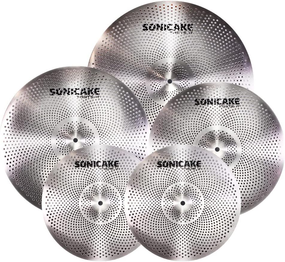 SONICAKE Low Volume Cymbal Pack Quiet Cymbal Set 14" Hi-Hat+16" Crash+18" Crash+20" Ride Cymbal Practice Set of 5pcs Silver