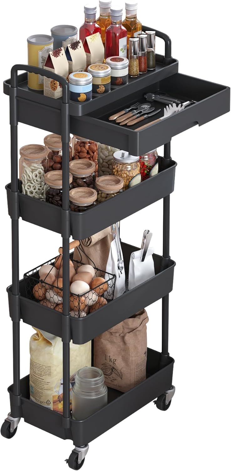 Dttwacoyh,4-Tier Storage Trolley with Drawer | Rolling Organizer Cart for Bedroom, Bathroom & Living Room | Lightweight Plastic & Metal Utility Cart | Space Saving Design - UK Home Essential（Black）