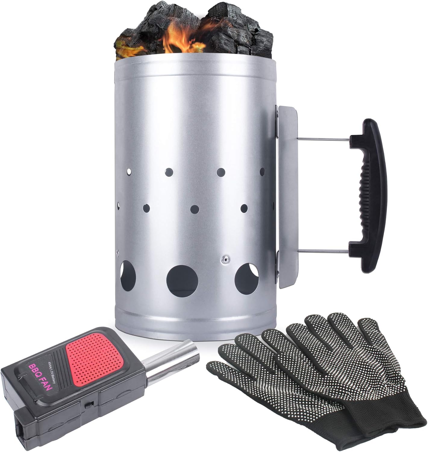 Eau Large Charcoal Chimney Starter, 11x7 Inch Chimney Starter with Set Fireplace Accessories for BBQ Charcoal Grill Briquette Coal Fire Starter Chimney, Quick Rapid Fire Briquette Charcoal Starter