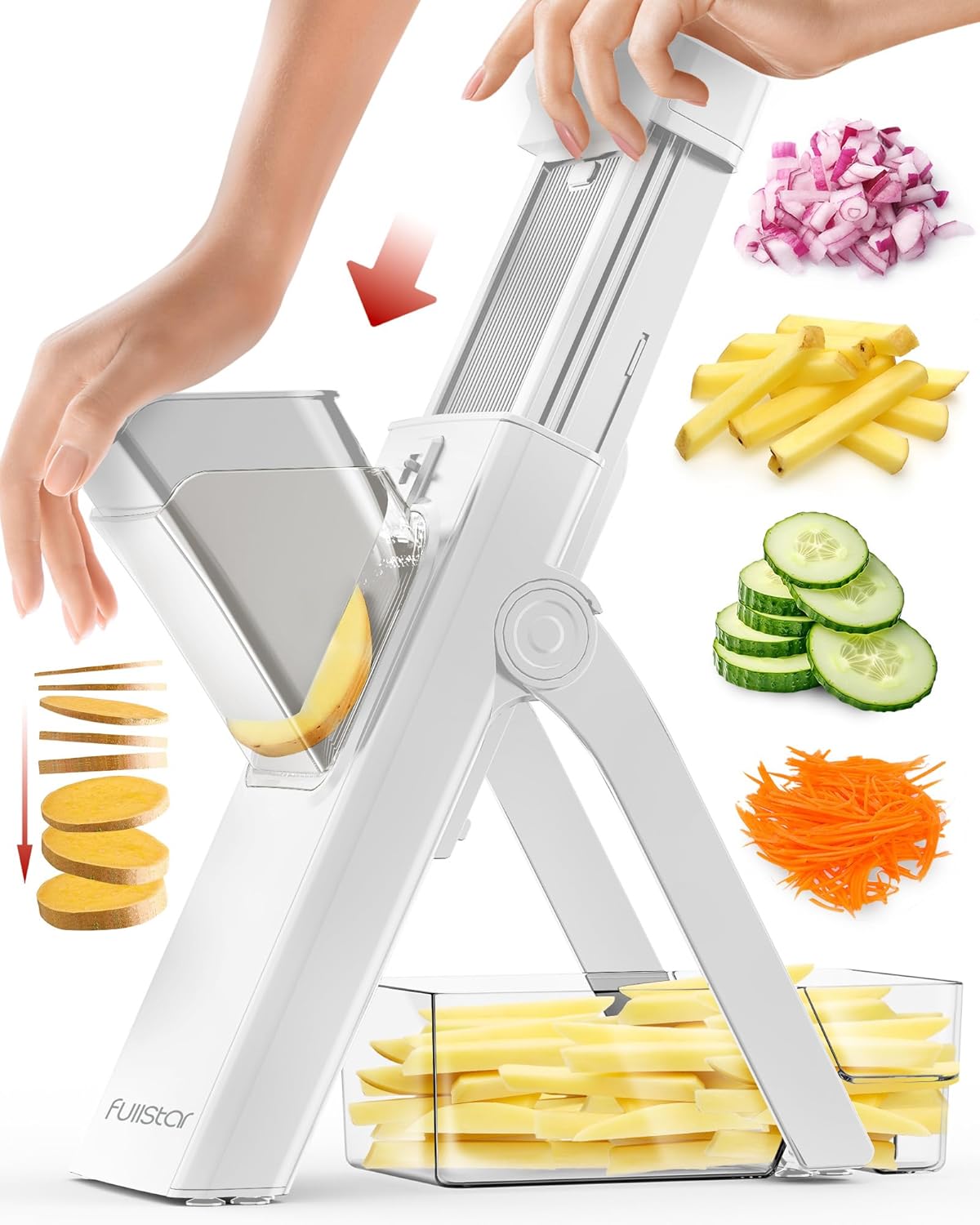 Fullstar Safer Mandoline Slicer for Kitchen, 4-in-1 Vertical Vegetable Slicer, Potato Slicer, Mandoline Food Slicer, Julienne Slicer, Kitchen Mandoline Slicer, Fruit Slicer (Solid White)