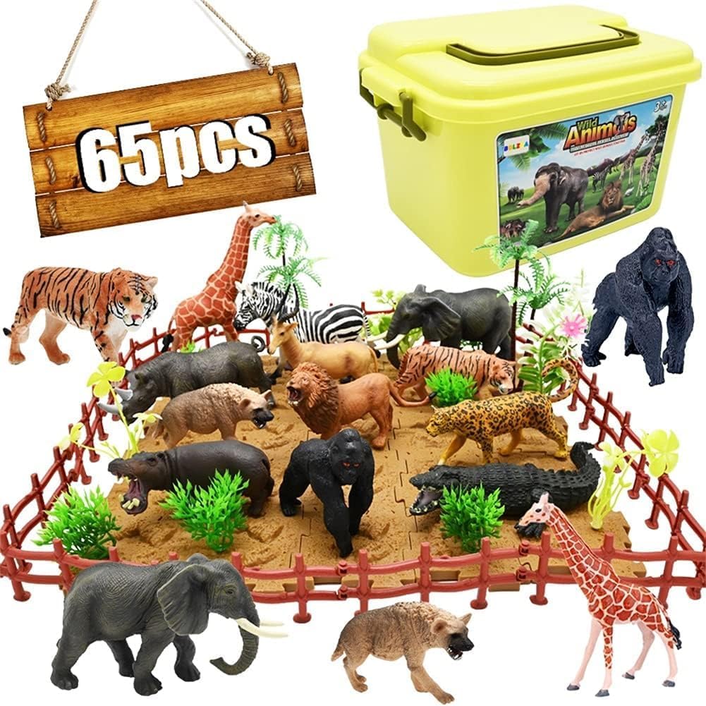 65PCS Safari Jungle Animals Figures Toy with Building Blocks for Kids 3-8