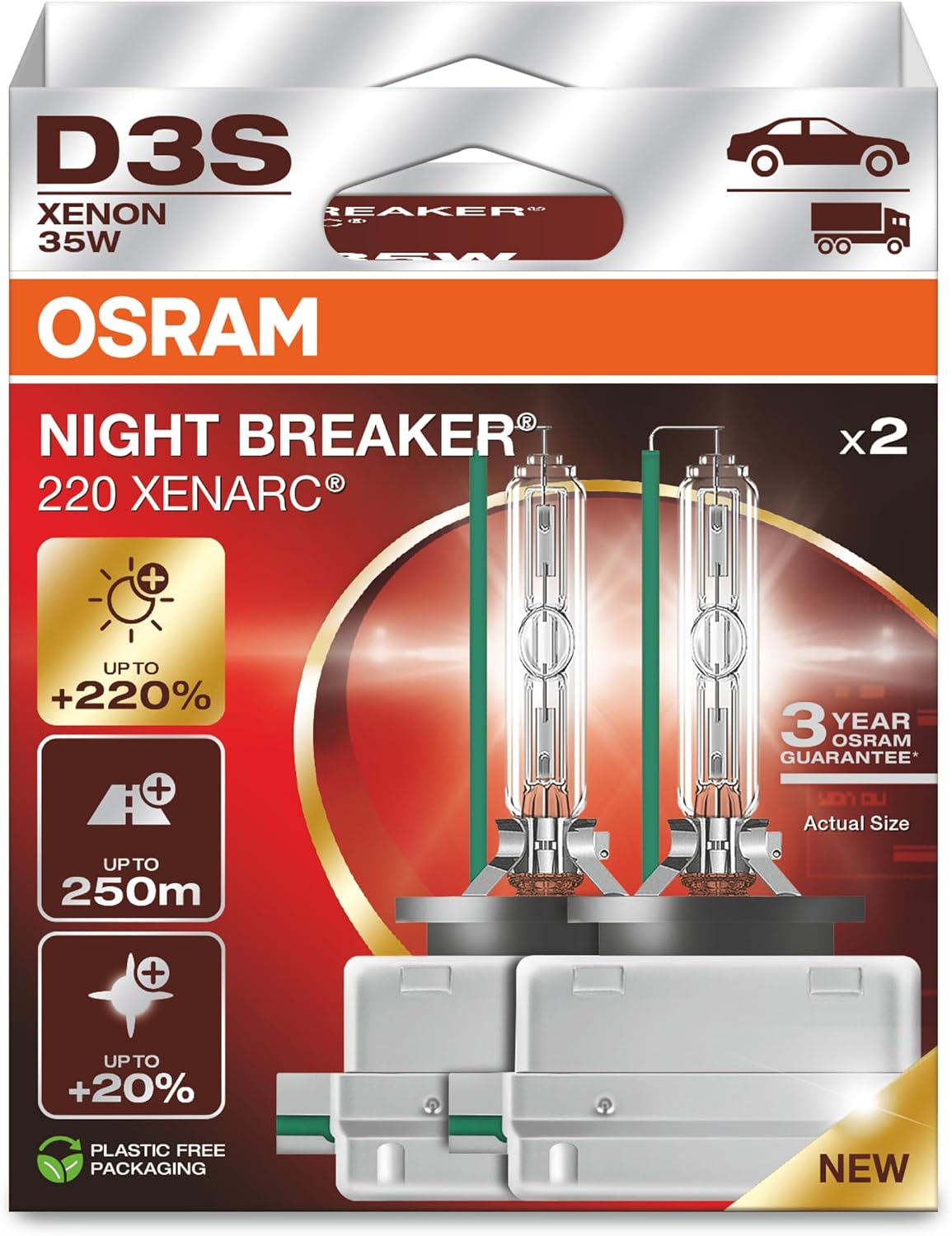 OSRAM XENARC NIGHT BREAKER 220, D3S, +220% more brightness, xenon headlight lamp, 66340XN2-2HB, 2 lamps