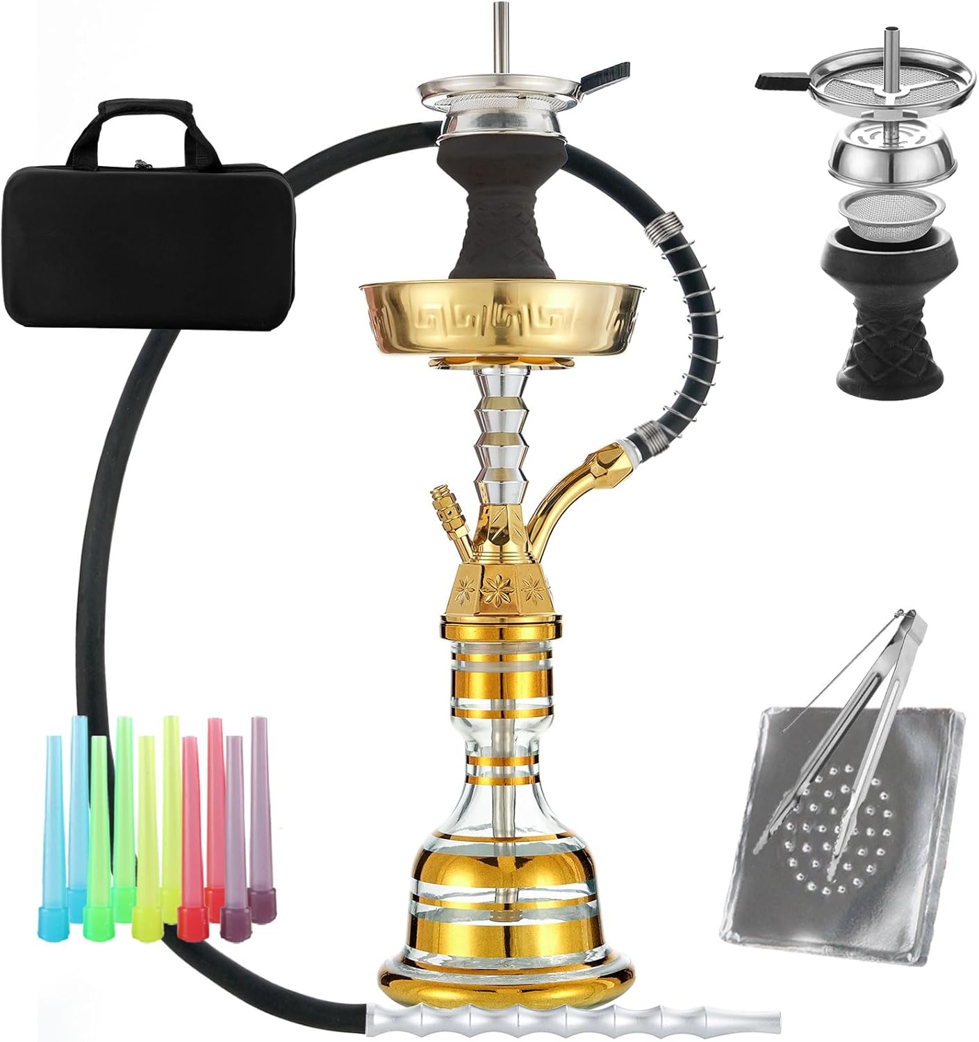 22" Hookah Set With Everything Portable Shisha Kit with Travel Case Glass Vase Silicone Bowl,Coal Tong,50 Hookah Foil,10 Hookah Disposable Tips
