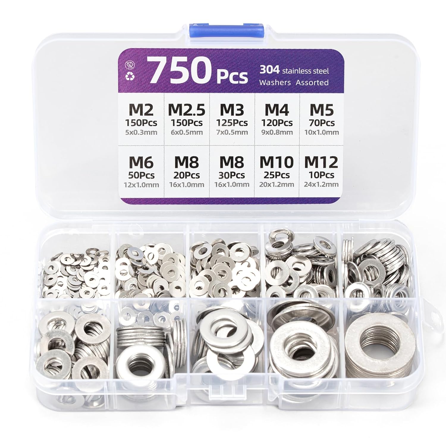 Stainless Steel Flat Washers Assortment Set - 750PCS, 9 Sizes M2 M2.5 M3 M4 M5 M6 M8 M10 M12 for Screws and Bolts - Factories Repair Construction