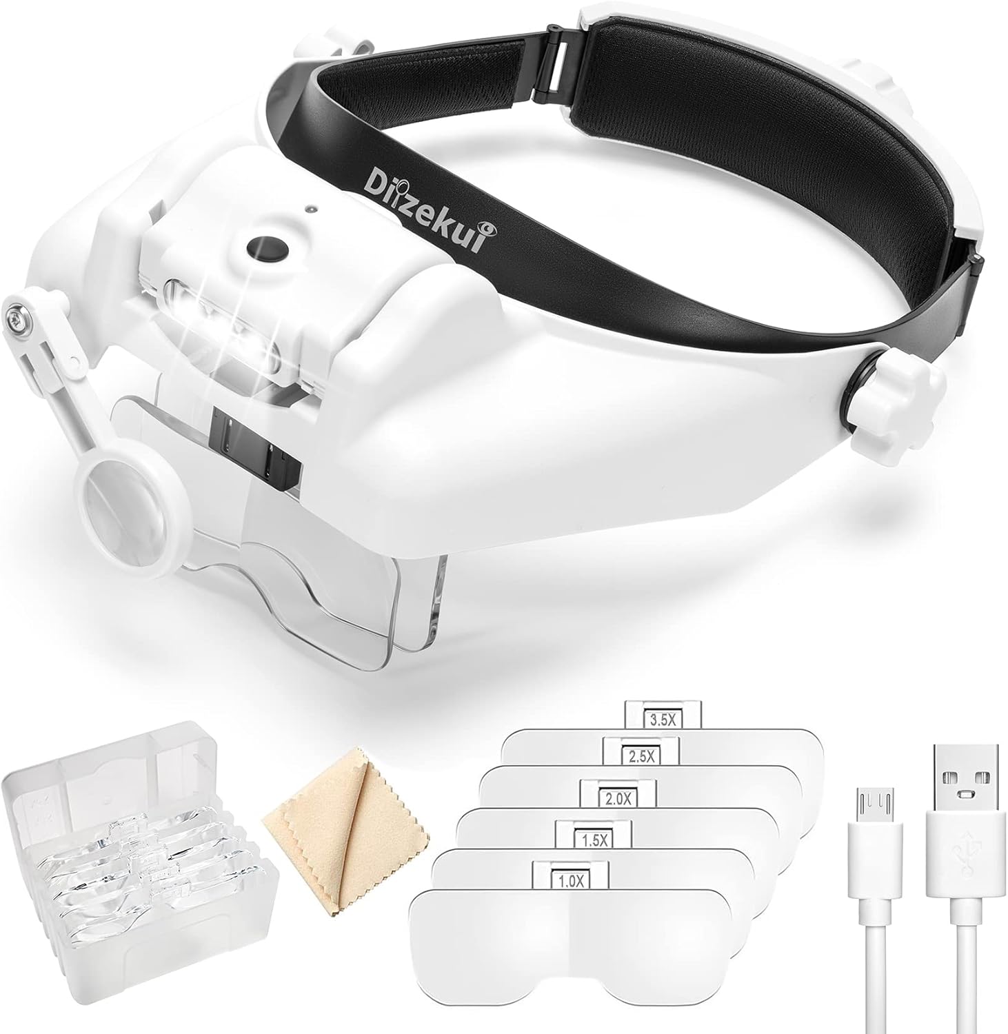 Headband Magnifying Glass with Light, Rechargeable Head Magnifying Glasses 1X to 14X, Magnifier Headset with 6 Detachable Lens, Hands Free Head Mount Magnifier for Close Work Jewelry Crafts