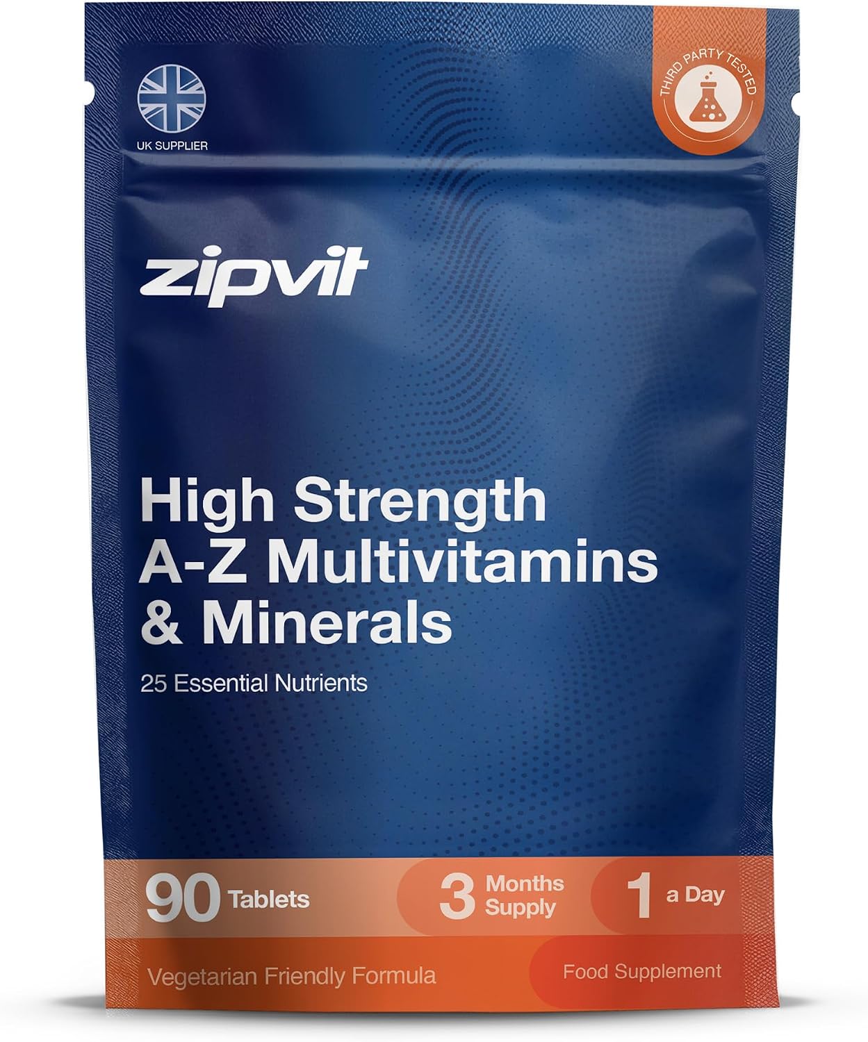 Zipvit A-Z Multivitamin with 25 Nutrients - 3 Months Supply - Vegan | High Strength - 90 Tablets - Advanced Everyday Whole Body Support - 3rd Party Tested - Eco-Friendly Pouch