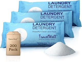 TravelWell Travel Laundry Detergent Powder Bulk - Individually Wrapped Multi Pack - 200 Packets (1.5 oz per bag) - Non Toxic AirBnb Supplies - For Clean & Fresh Clothes - Stain Remover Powder