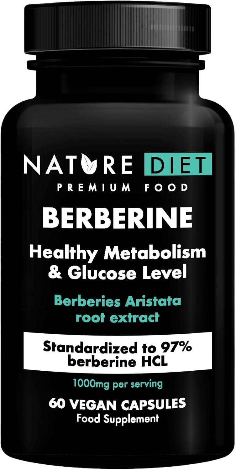 Nature Diet Berberine - 1000mg Berberine HCL per Serving - 60 Vegan Capsules - Supports Metabolism & Glucose Levels