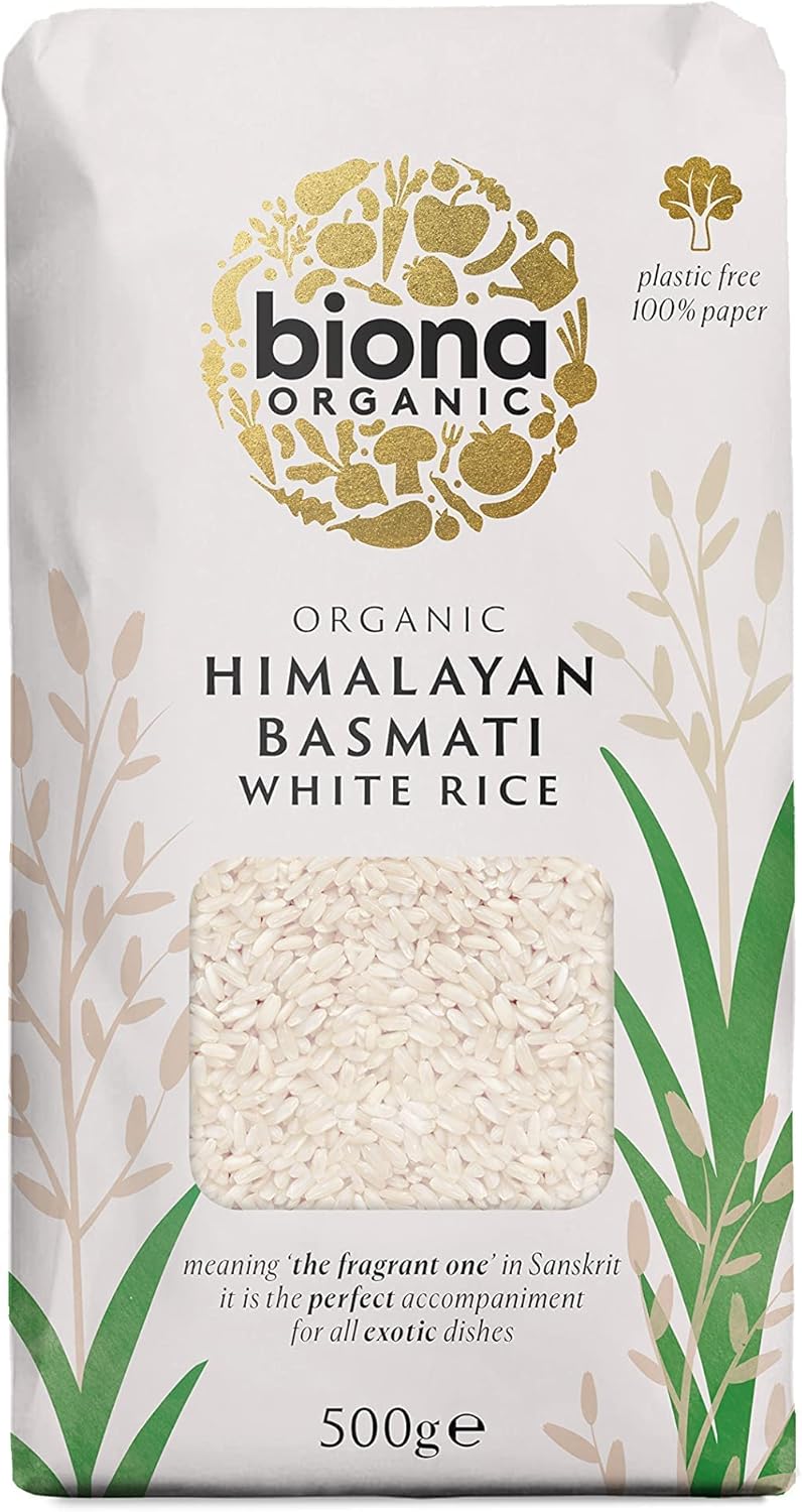 Biona Organic Himalayan Basmati Rice 500g - Long Grain White Rice - Ideal for Stir Frys, Salads & Currys - Non GMO, Vegan - Plastic Free, Recyclable Packaging