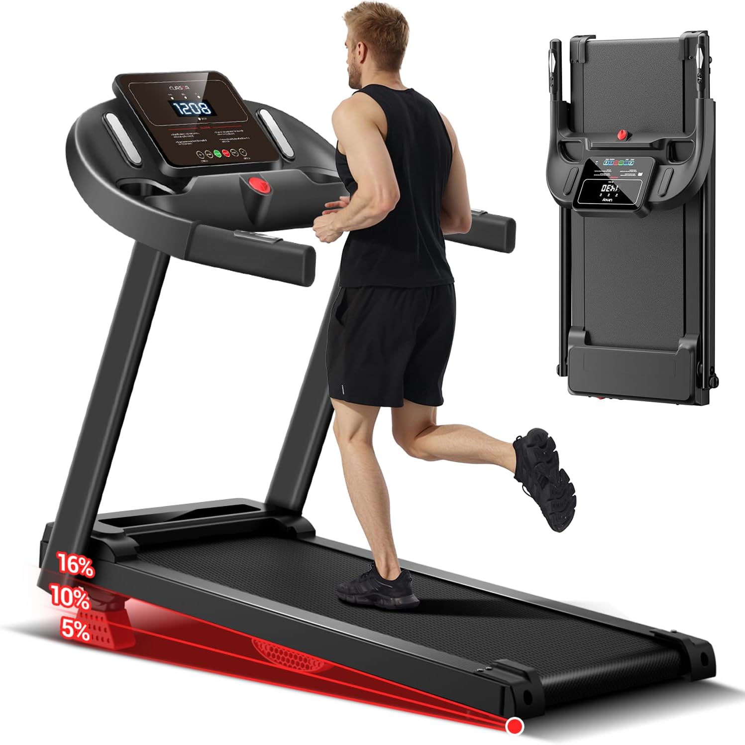 CURSOR FITNESS Folding Treadmill with 16% Adjustable Incline for Home, 2.5HP Quiet Brushless Motor, 265LBS Capacity, 12KM/H Foldable Walking Running Treadmills Machine with Pulse Sensor & LCD Display
