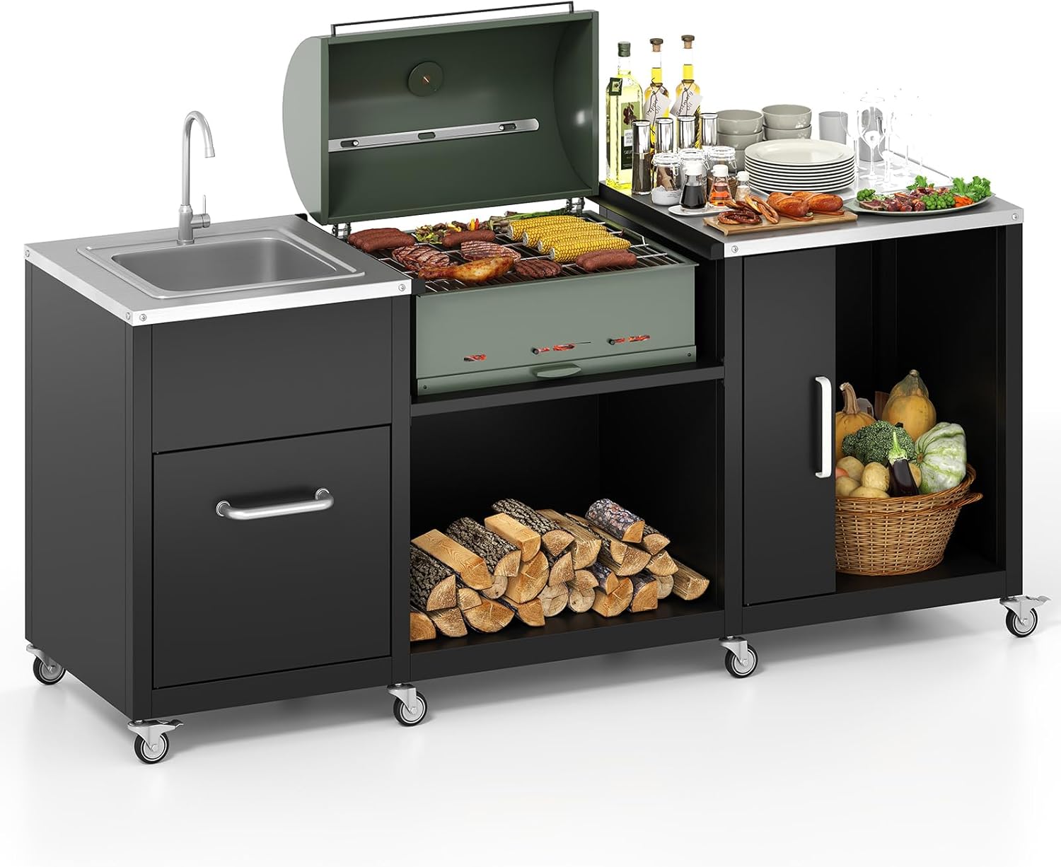 Happygrill 80” Outdoor Grill Table with Sink & Drainage, Heavy Duty Metal Grill Cart w/Cabinet & Removable Stainless Steel Top, Portable Prep Cooking table w/Wheels for BBQ, Patio, Camping & Backyard