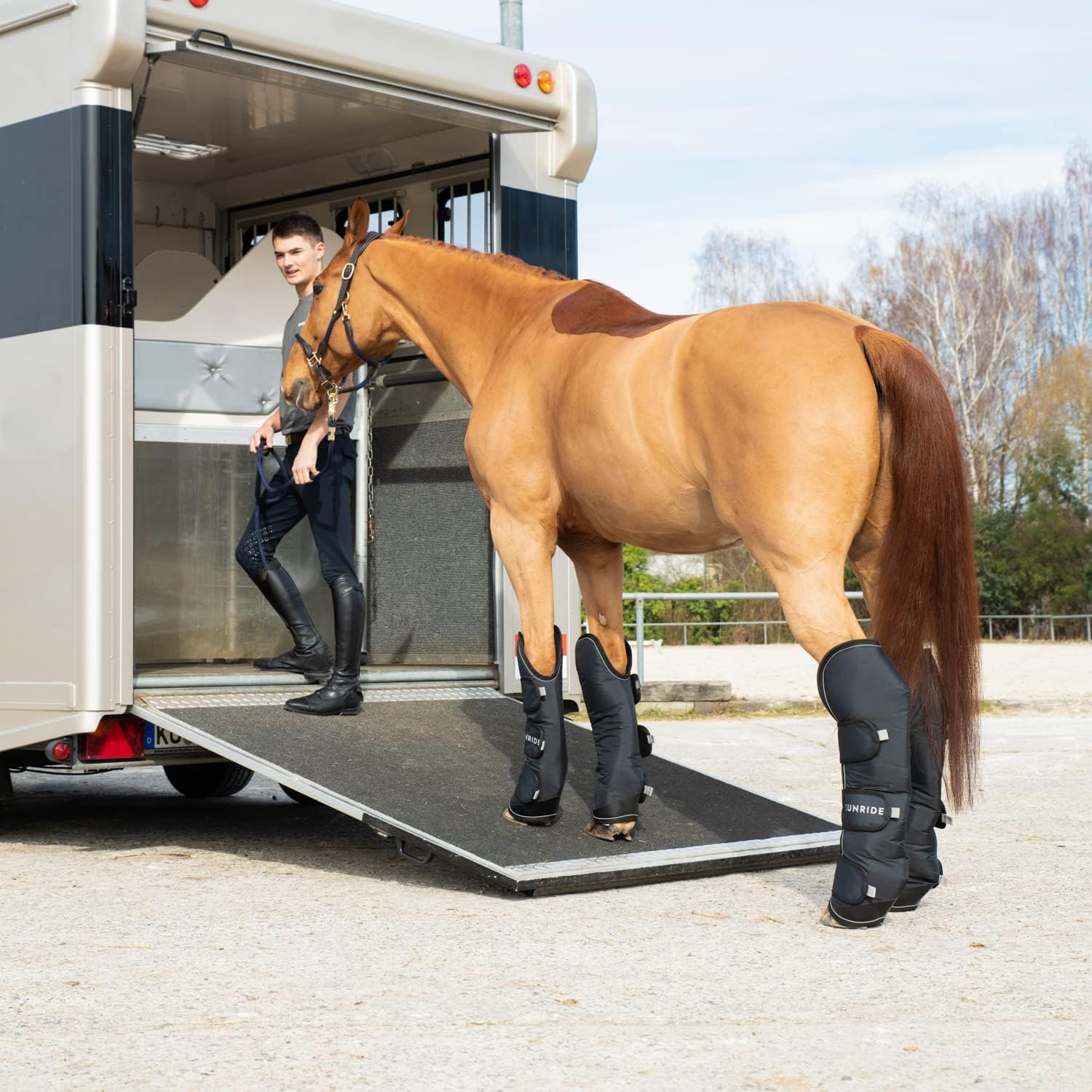 2 Horse Straight Cargo Float, Standard Travel Trailer for Transporting Large Animals or Pets, Dual Axle 4 195R15 Alloy Wheels, Electric Brake System Deluxe Door