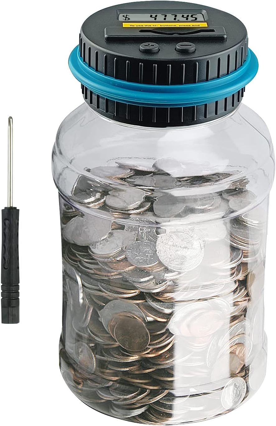 QPEY Large Piggy Banks for Adults, Digital Counting Money Jar, 1.8L Capacity Coin Counter Machine with LCD Counter, Change Jars for Saving for Boys, Designed for All US Coins