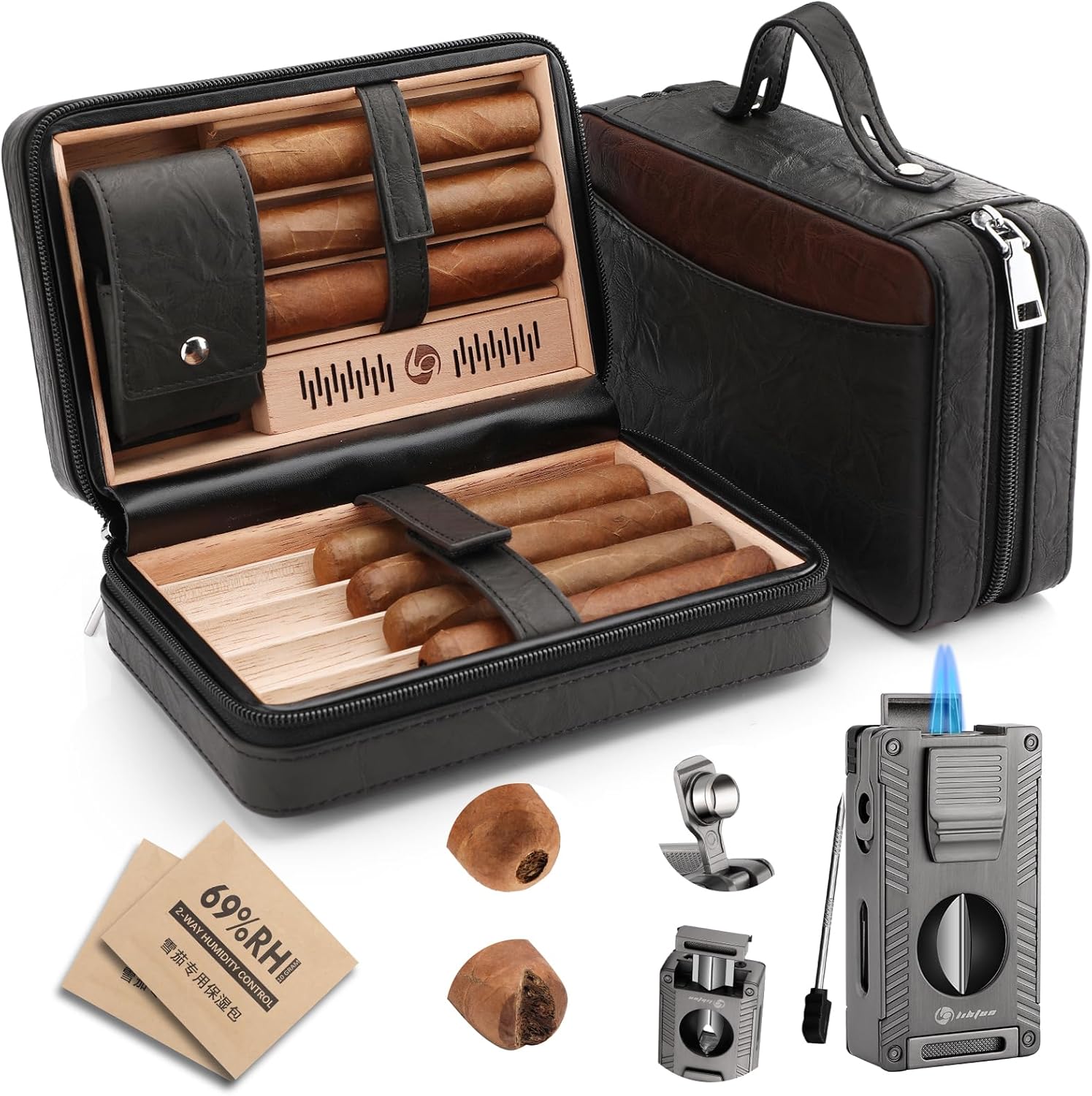 Cigar Humidor, Leather Cedar Wood Travel Cigar Case and Multifunctional 5-in-1 Cigar Lighter Set - Portable Travel Humidor Box with 2 Two-Way Humidity Packs - Cigar Gift for Men (Black)